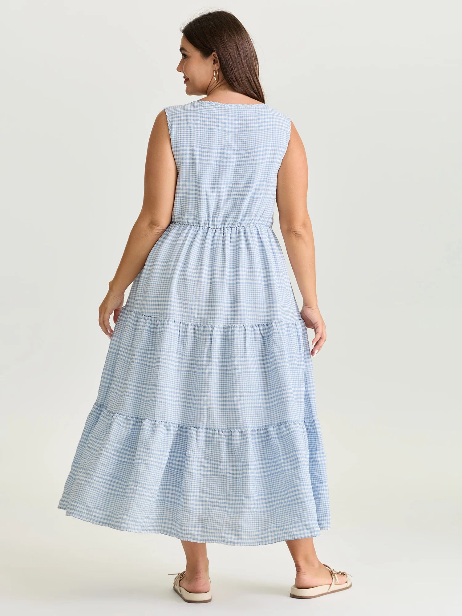 Check Pattern Shirred Bodice Midi Dress - Image 4