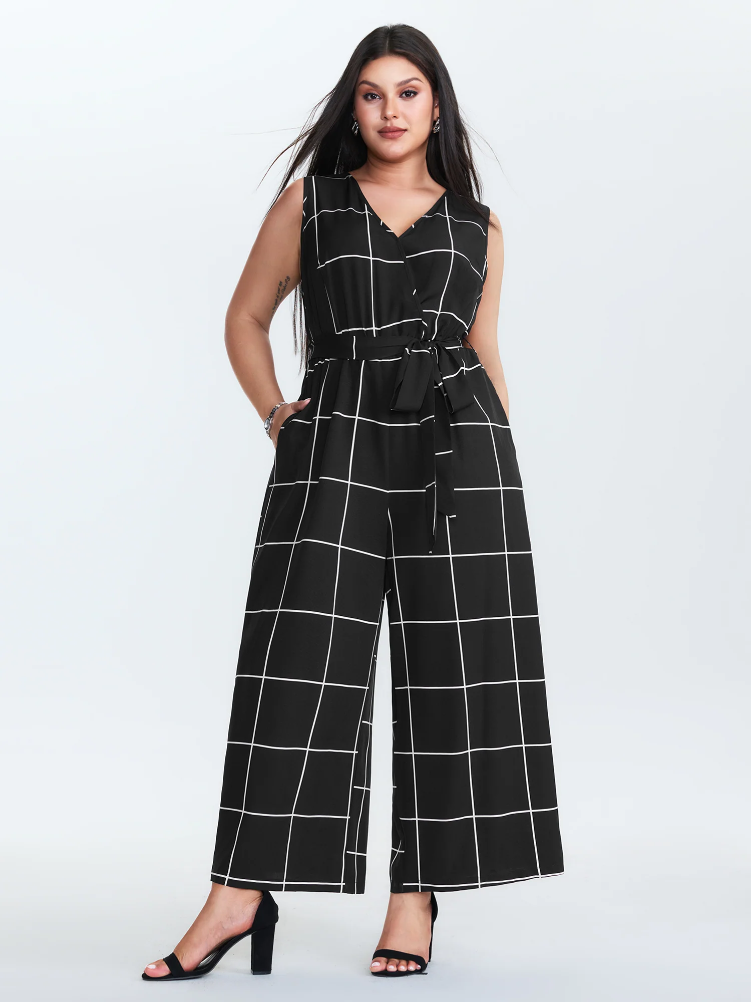 Check Pattern Waist-Tie Jumpsuit - Image 3