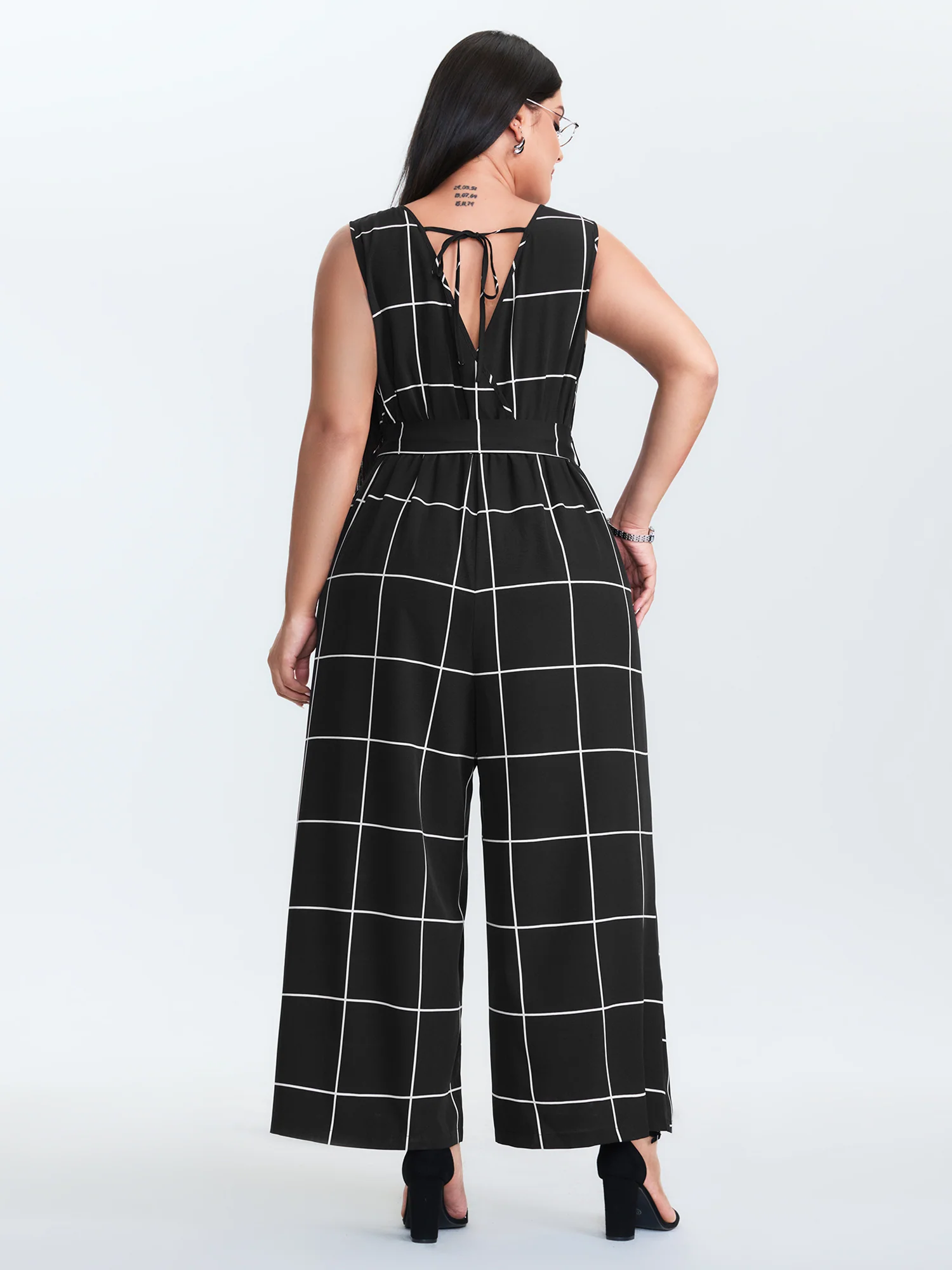 Check Pattern Waist-Tie Jumpsuit - Image 4