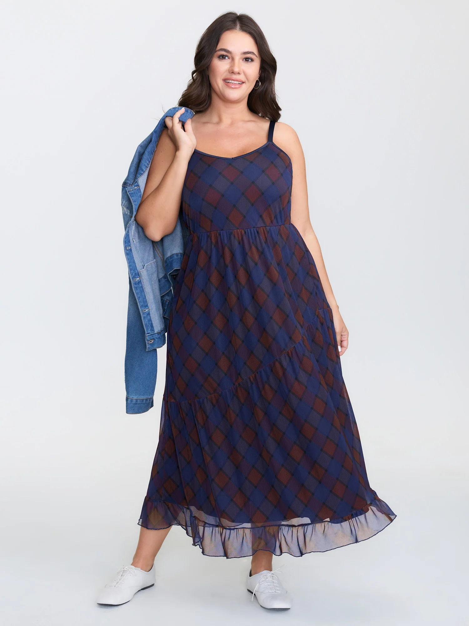 Check Print Cinched Flared A-Line Midi Dress