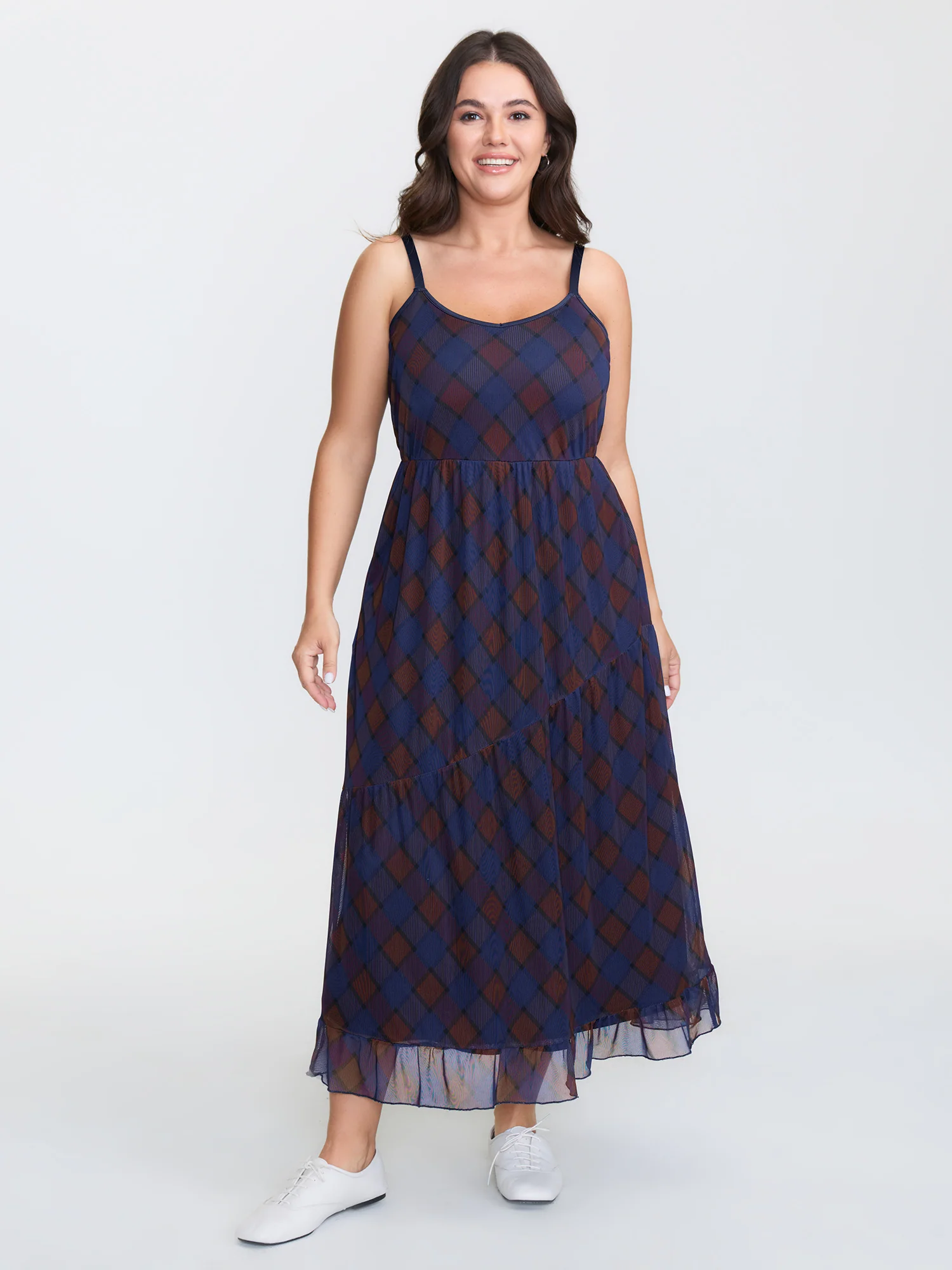 Check Print Cinched Flared A-Line Midi Dress - Image 3