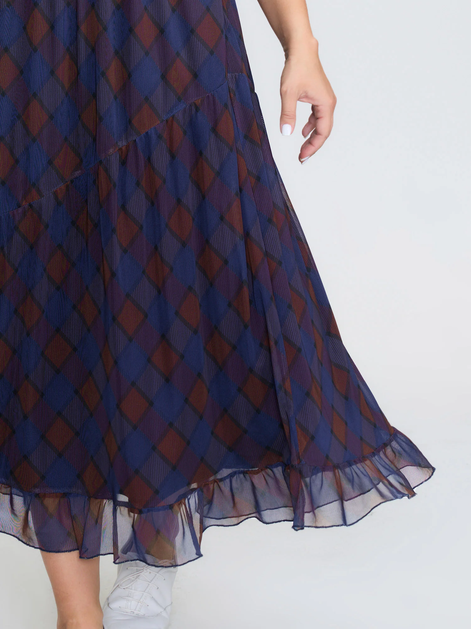 Check Print Cinched Flared A-Line Midi Dress - Image 4
