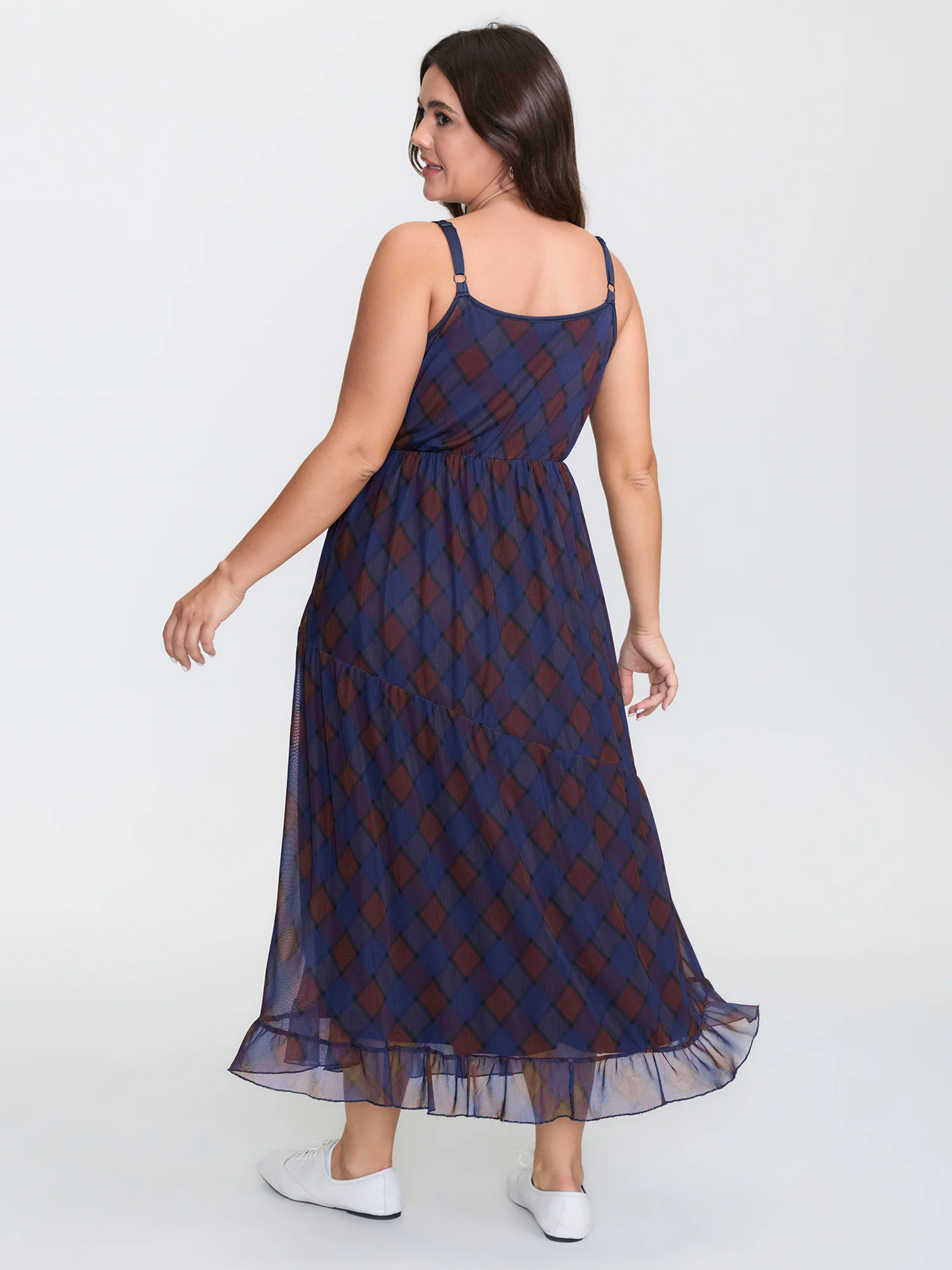 Check Print Cinched Flared A-Line Midi Dress - Image 5