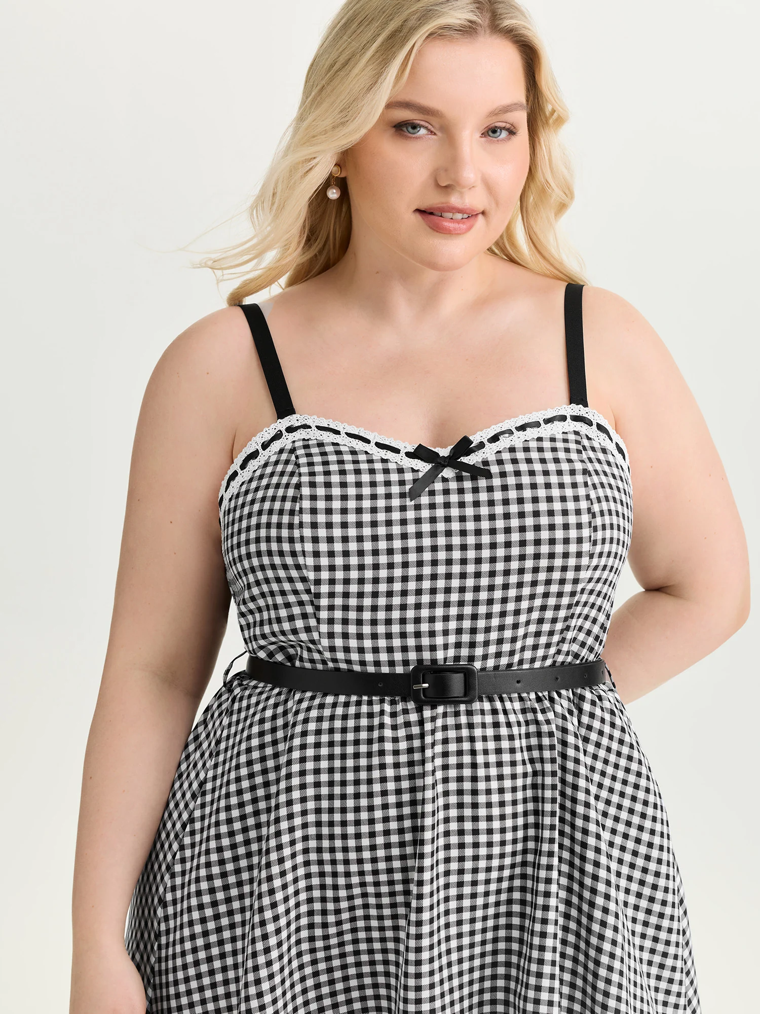 Check Print Lace Trim Bow Detail Midi Dress - Image 2