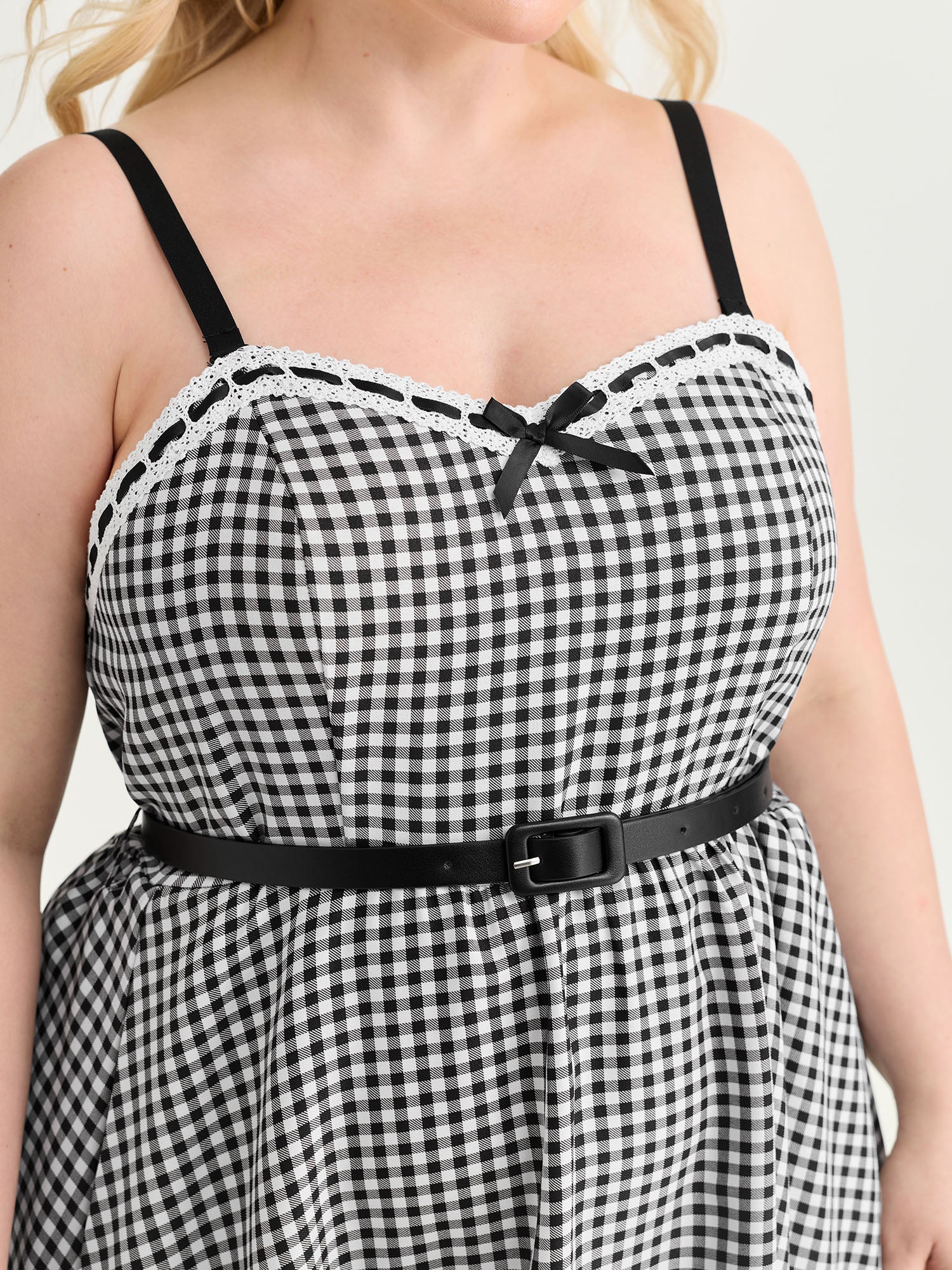 Check Print Lace Trim Bow Detail Midi Dress - Image 3