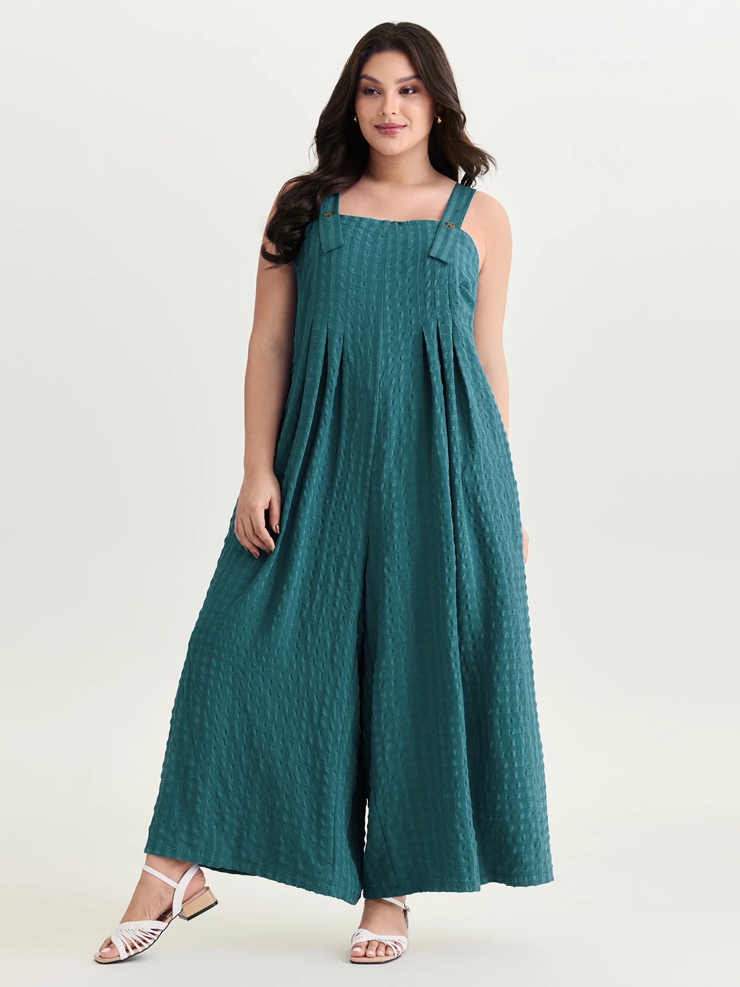 Check Print Pleated Adjustable Overall Jumpsuit - Image 3