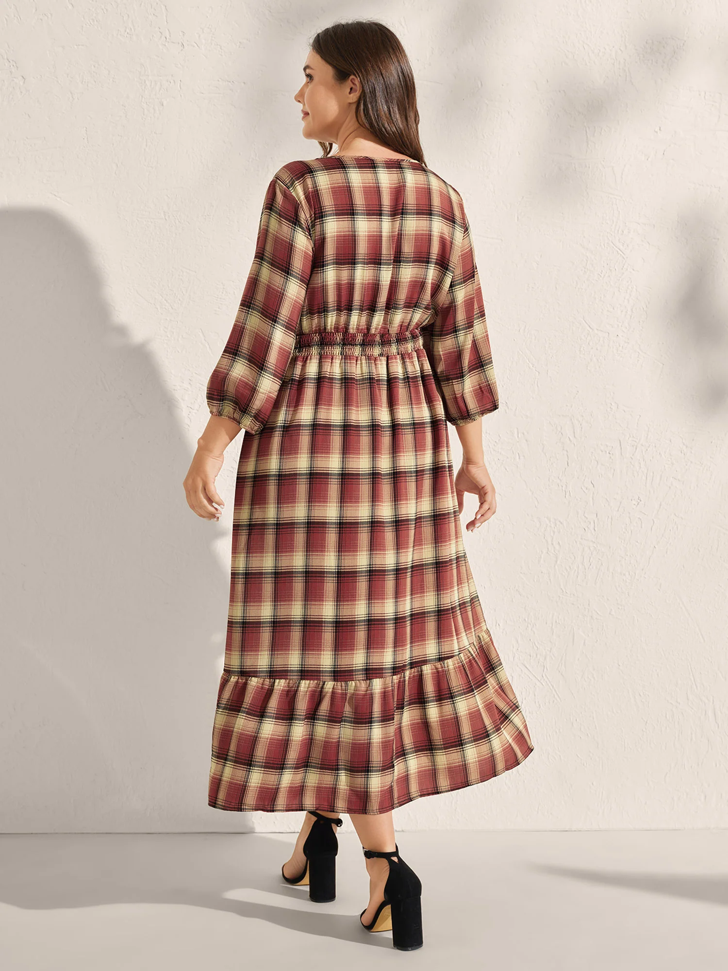 Check Print Shirred Waist Tiered Maxi Dress - Image 4