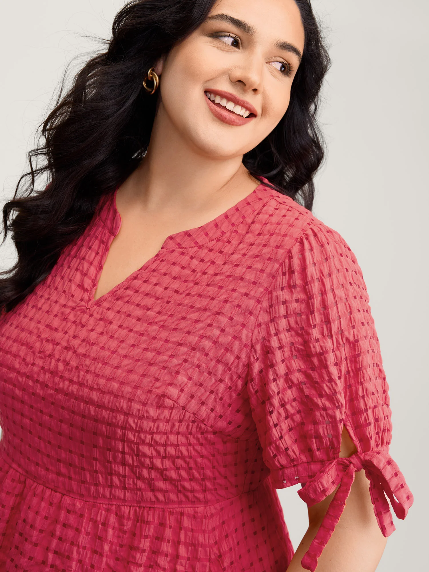 Check Textured Knot Sleeve Knee-Length Dress - Image 2