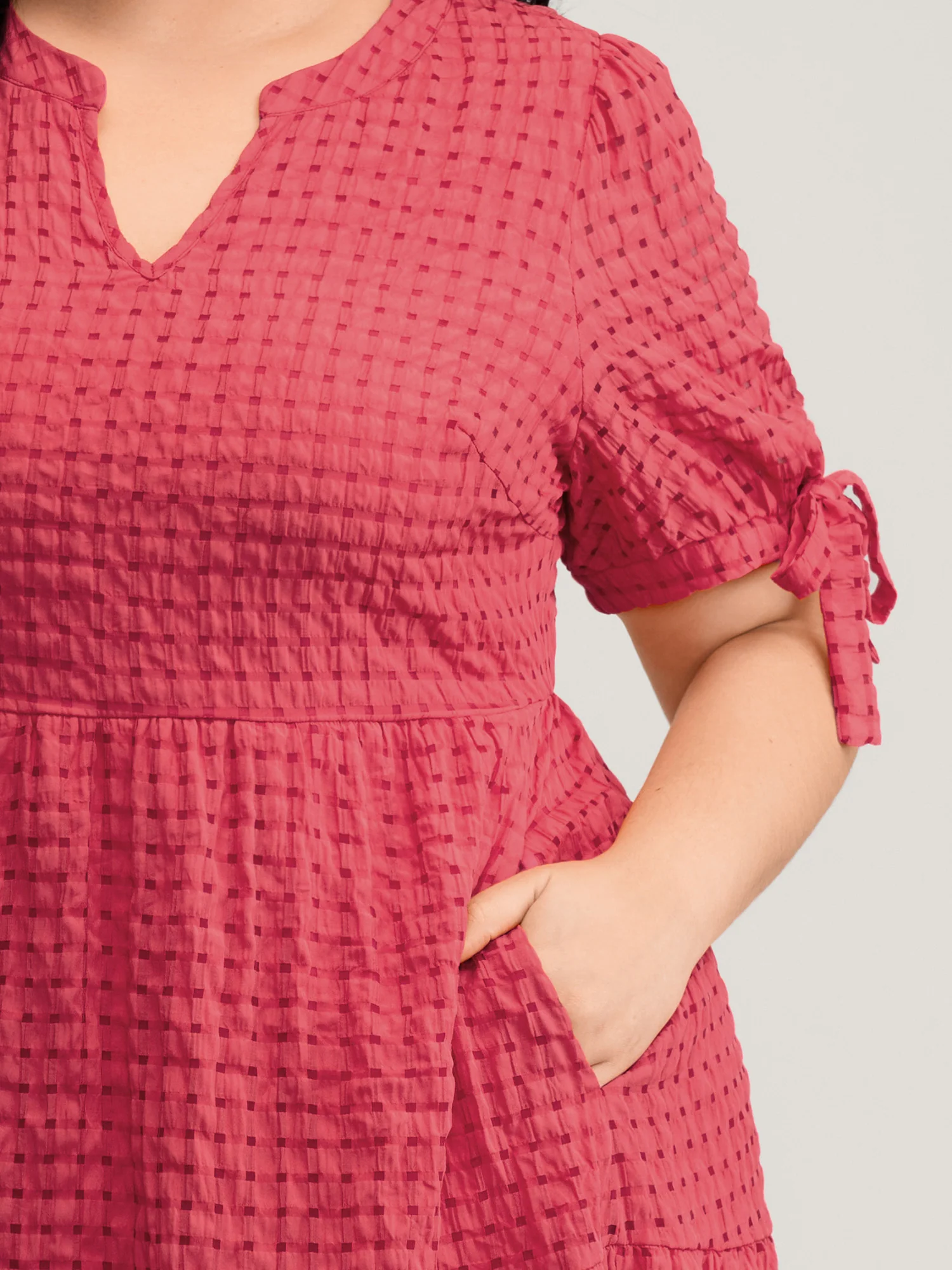 Check Textured Knot Sleeve Knee-Length Dress - Image 3