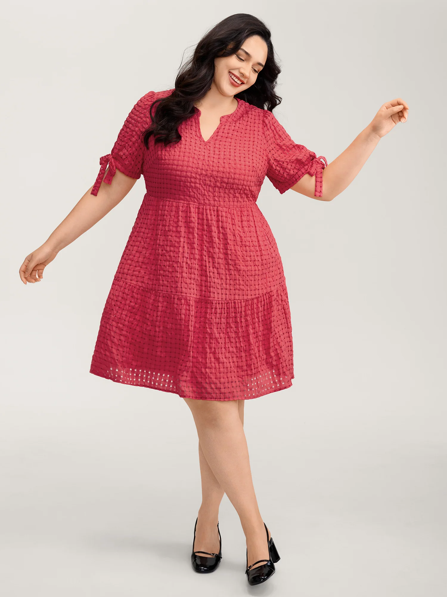 Check Textured Knot Sleeve Knee-Length Dress - Image 4