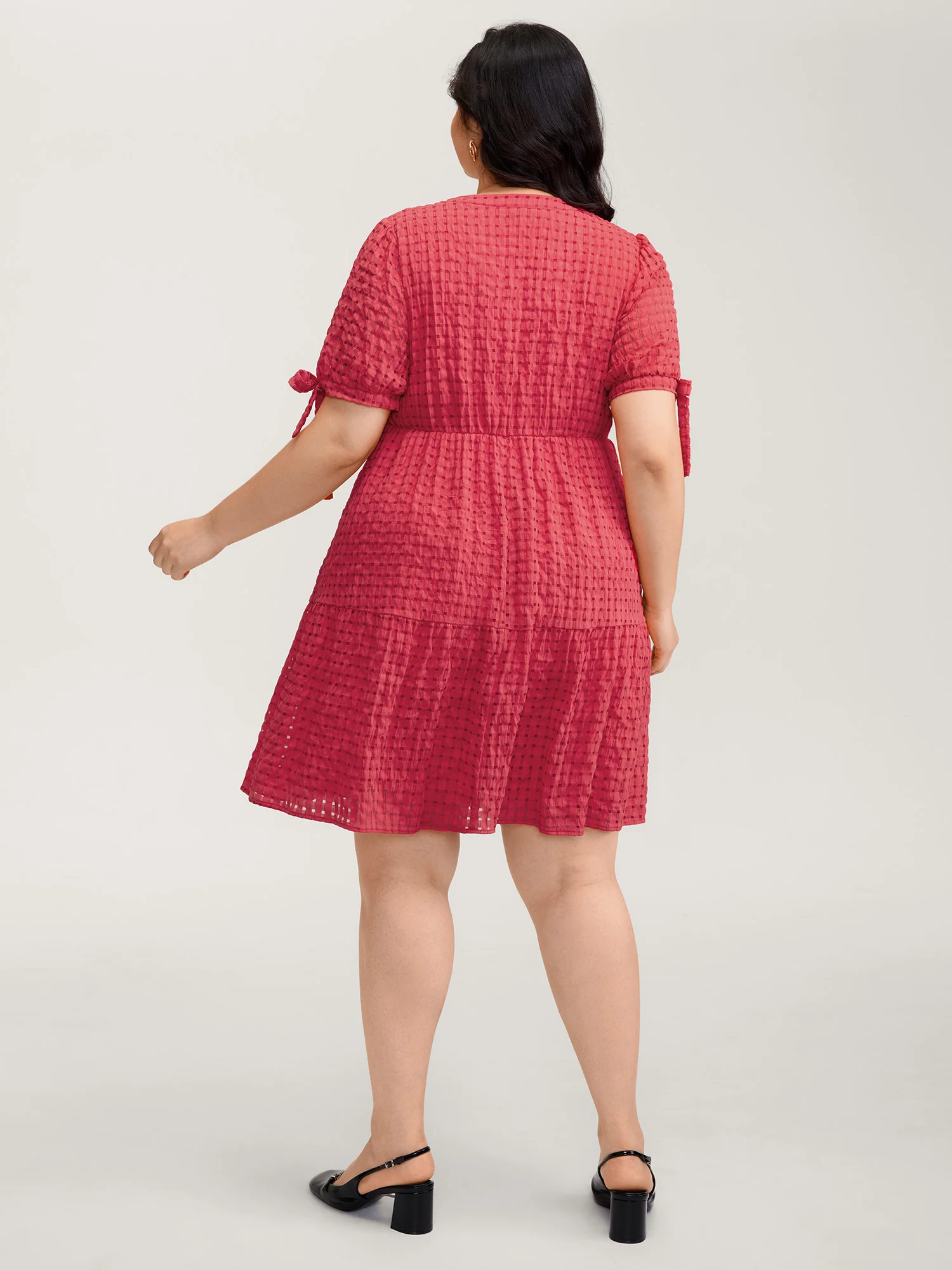 Check Textured Knot Sleeve Knee-Length Dress - Image 5
