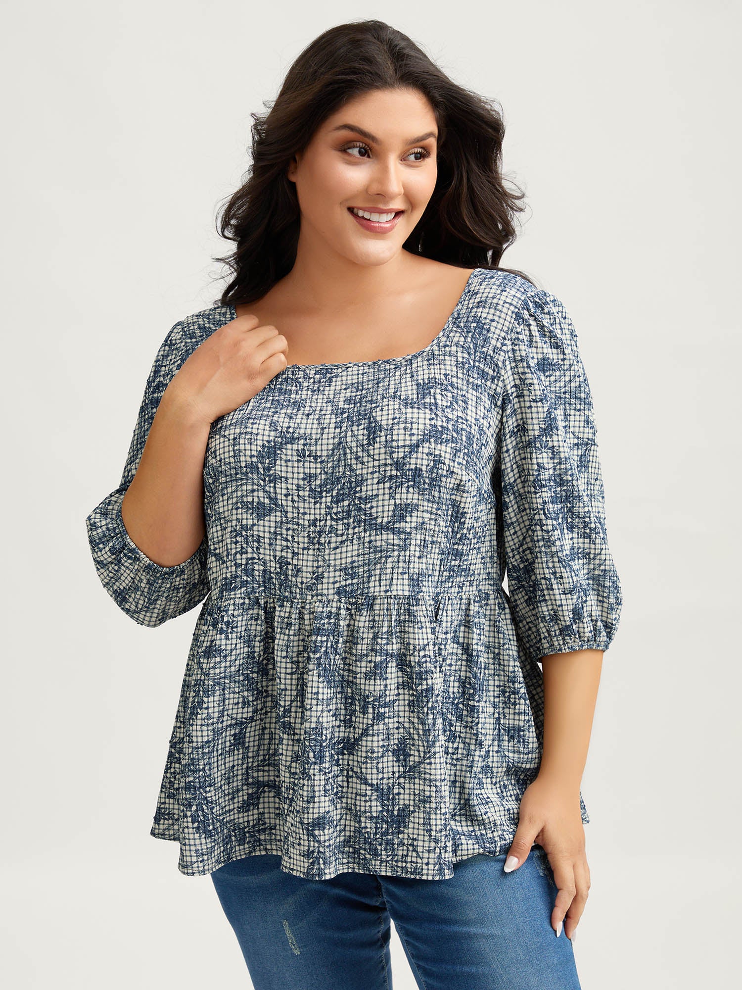 Check Toile de Jouy Shirred Pattern Blouse - Image 2