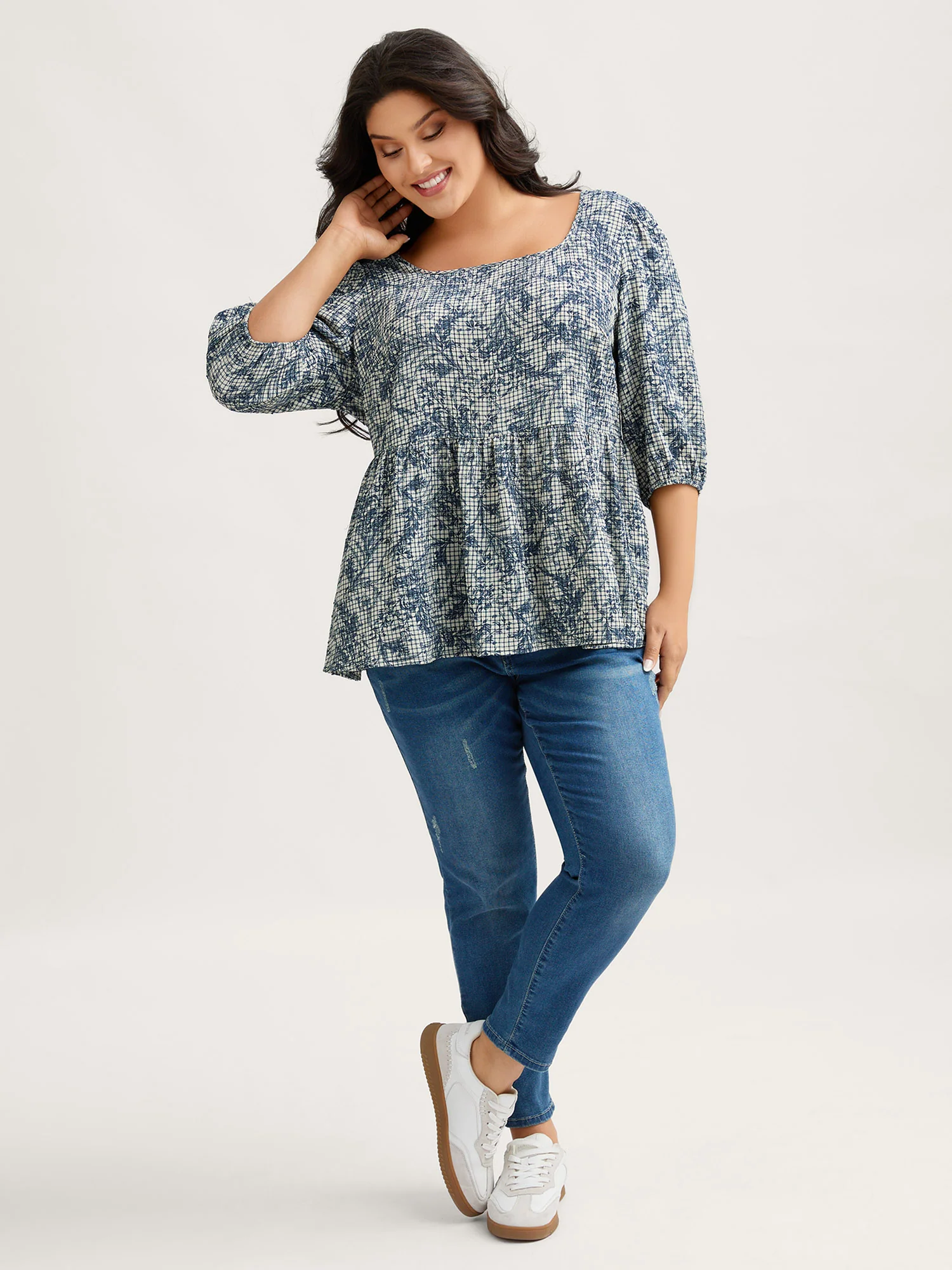 Check Toile de Jouy Shirred Pattern Blouse - Image 3