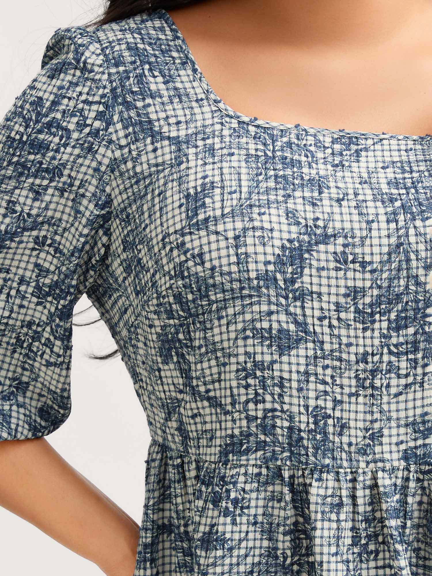 Check Toile de Jouy Shirred Pattern Blouse - Image 4
