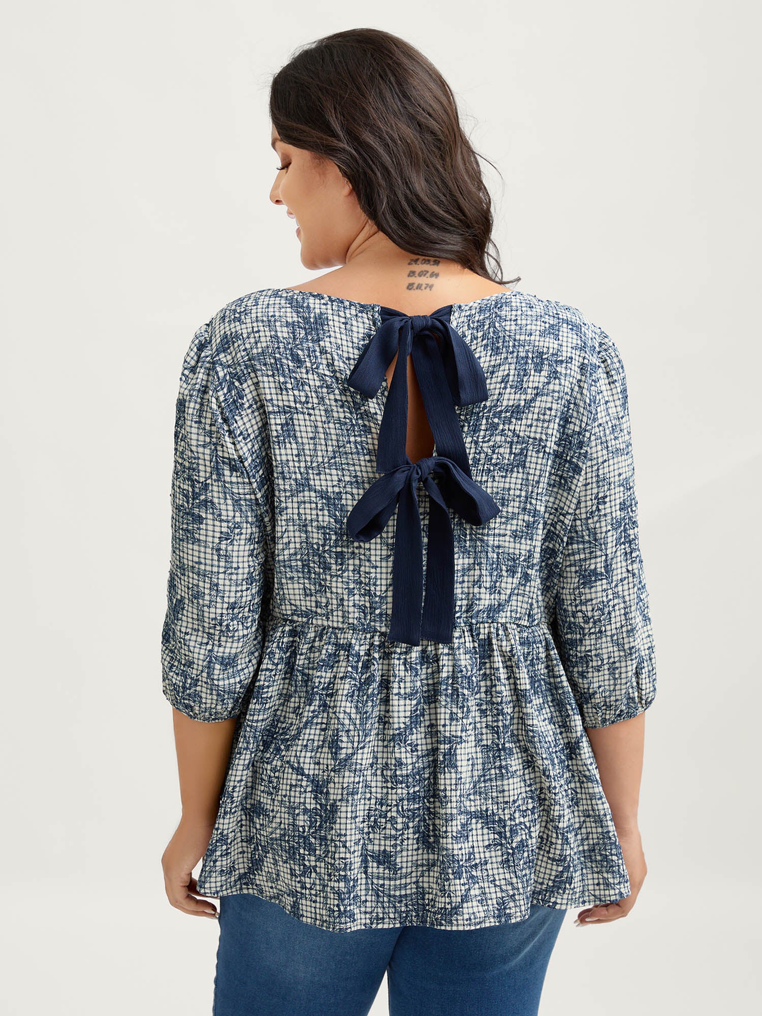 Check Toile de Jouy Shirred Pattern Blouse - Image 5