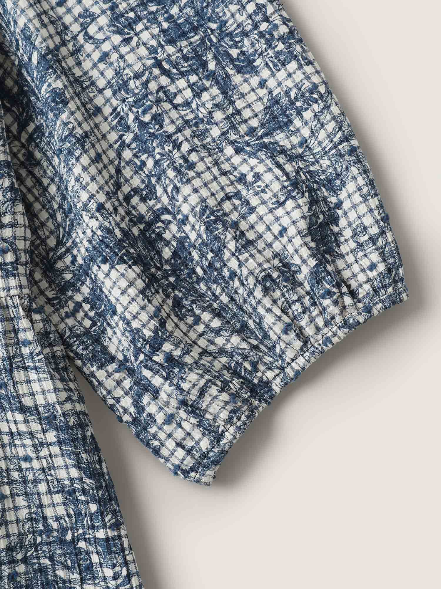 Check Toile de Jouy Shirred Pattern Blouse - Image 7
