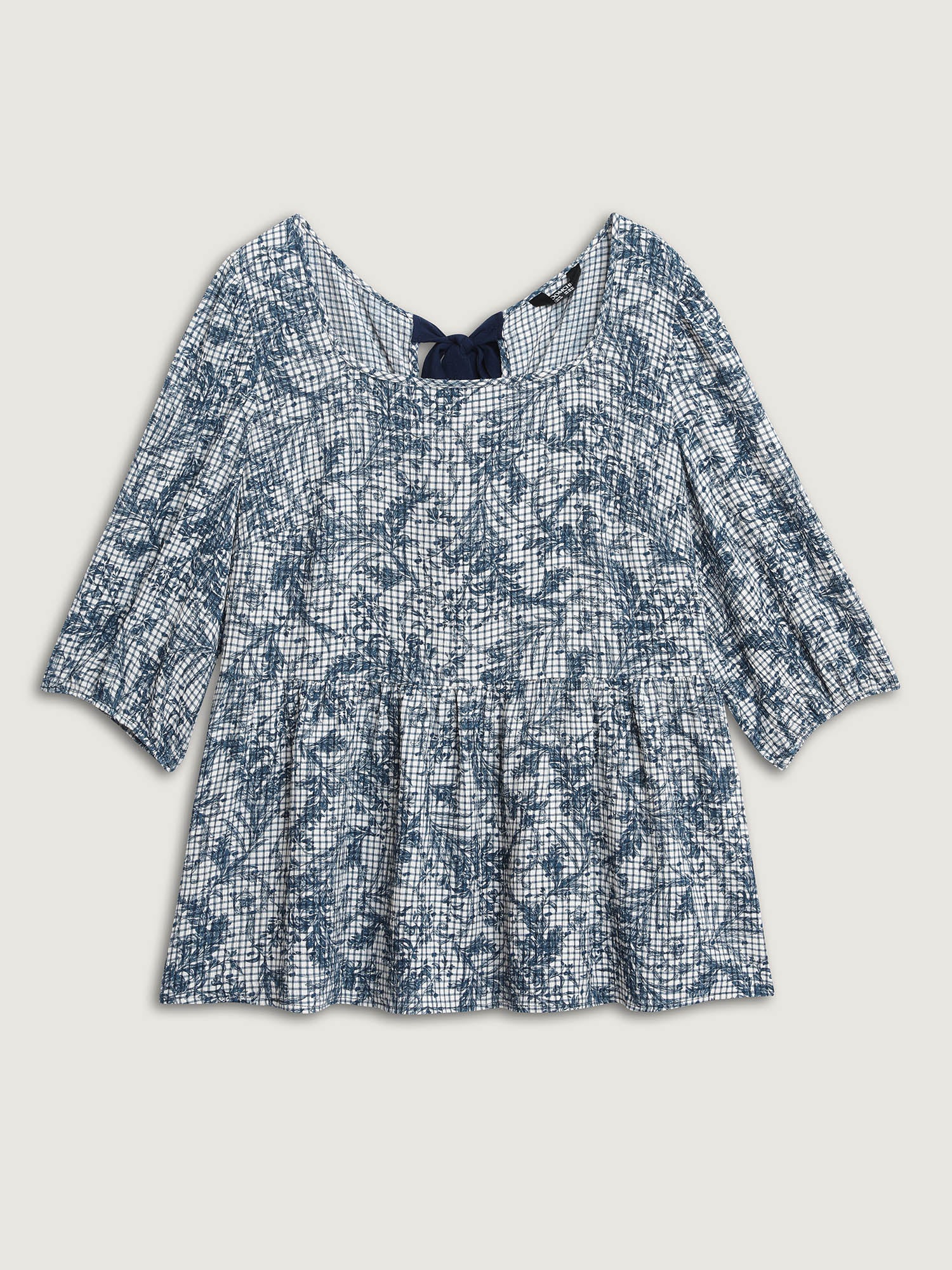 Check Toile de Jouy Shirred Pattern Blouse - Image 8