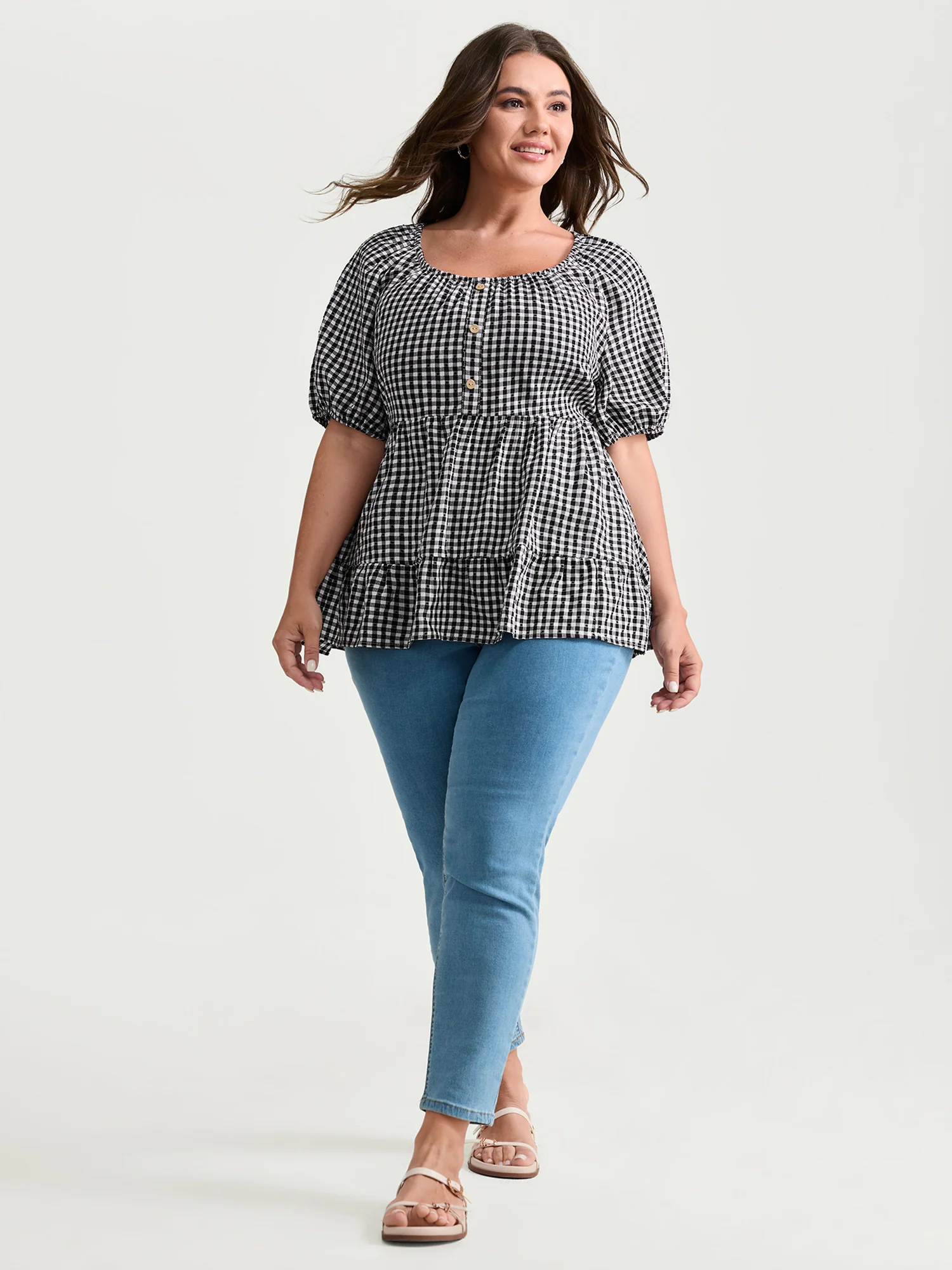 Checked Print Button Detail Fit And Flare Blouse - Image 2