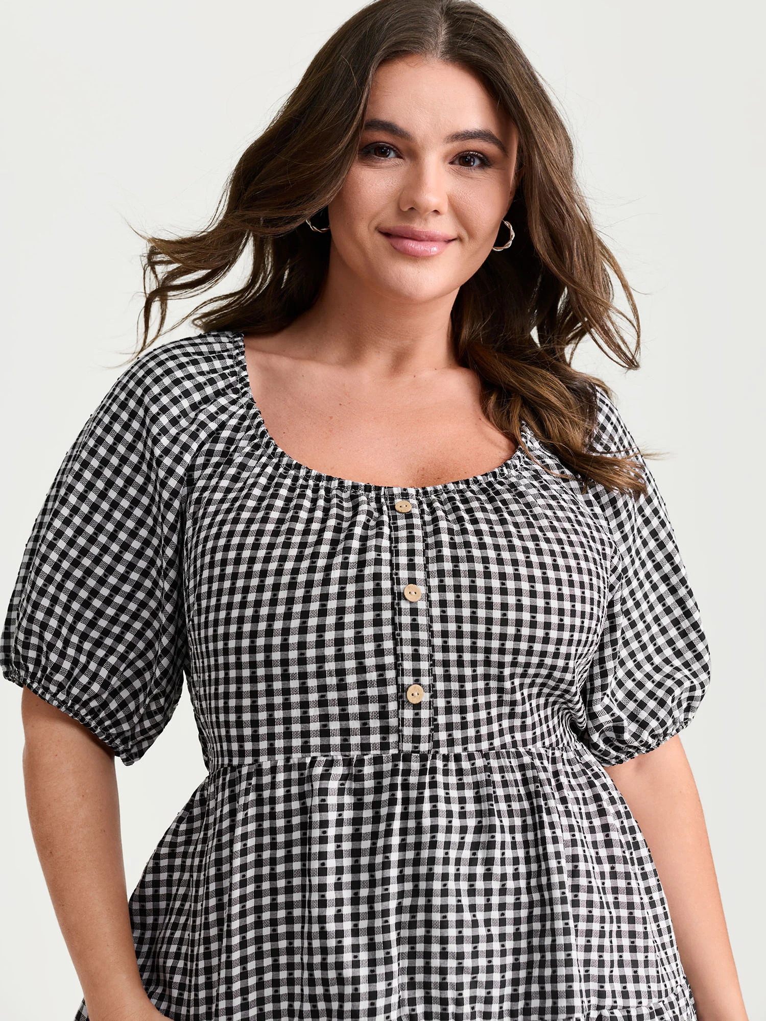 Checked Print Button Detail Fit And Flare Blouse - Image 3