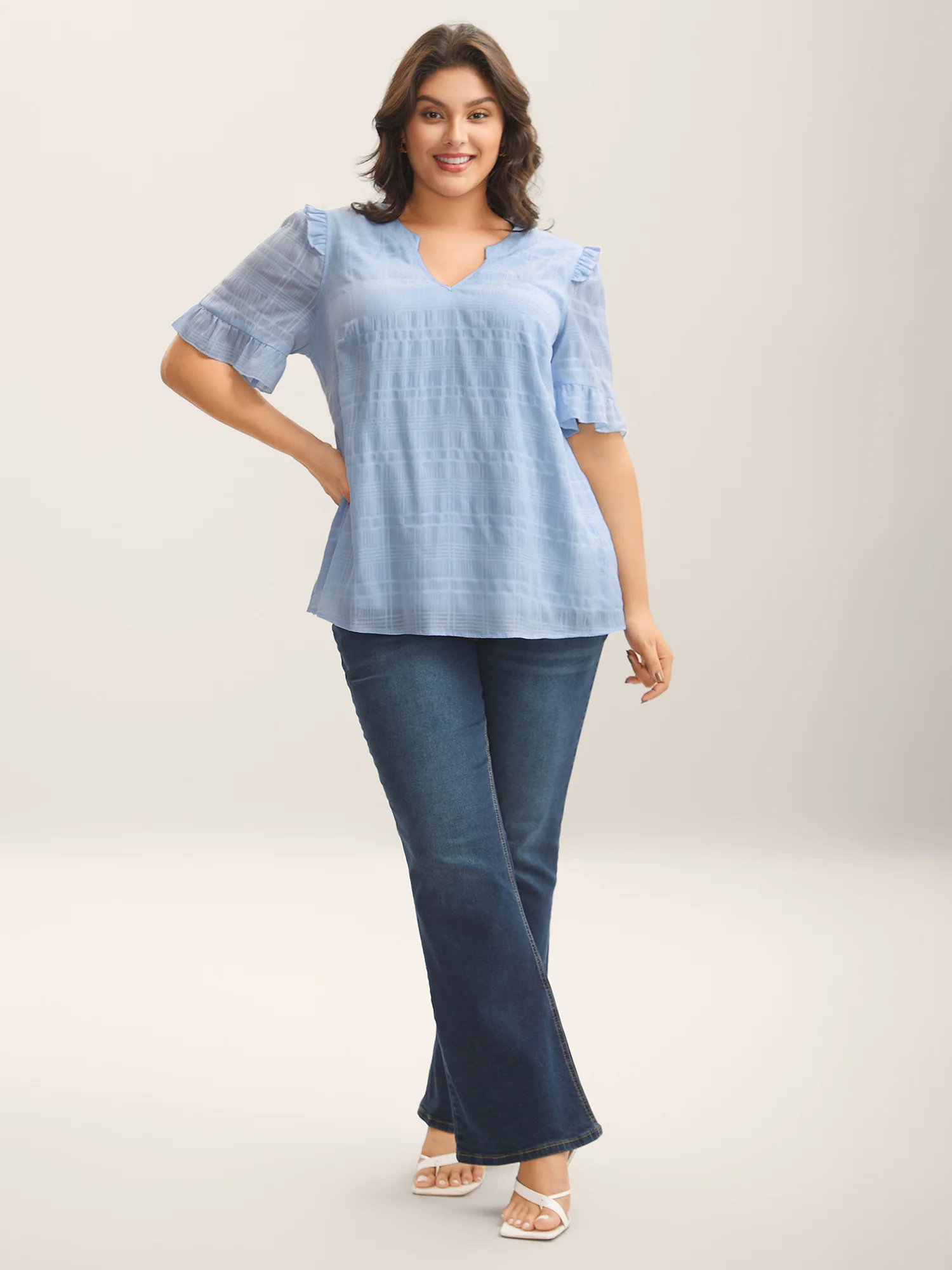 Checked Texture Jacquard Notched Collar Blouse - Image 3