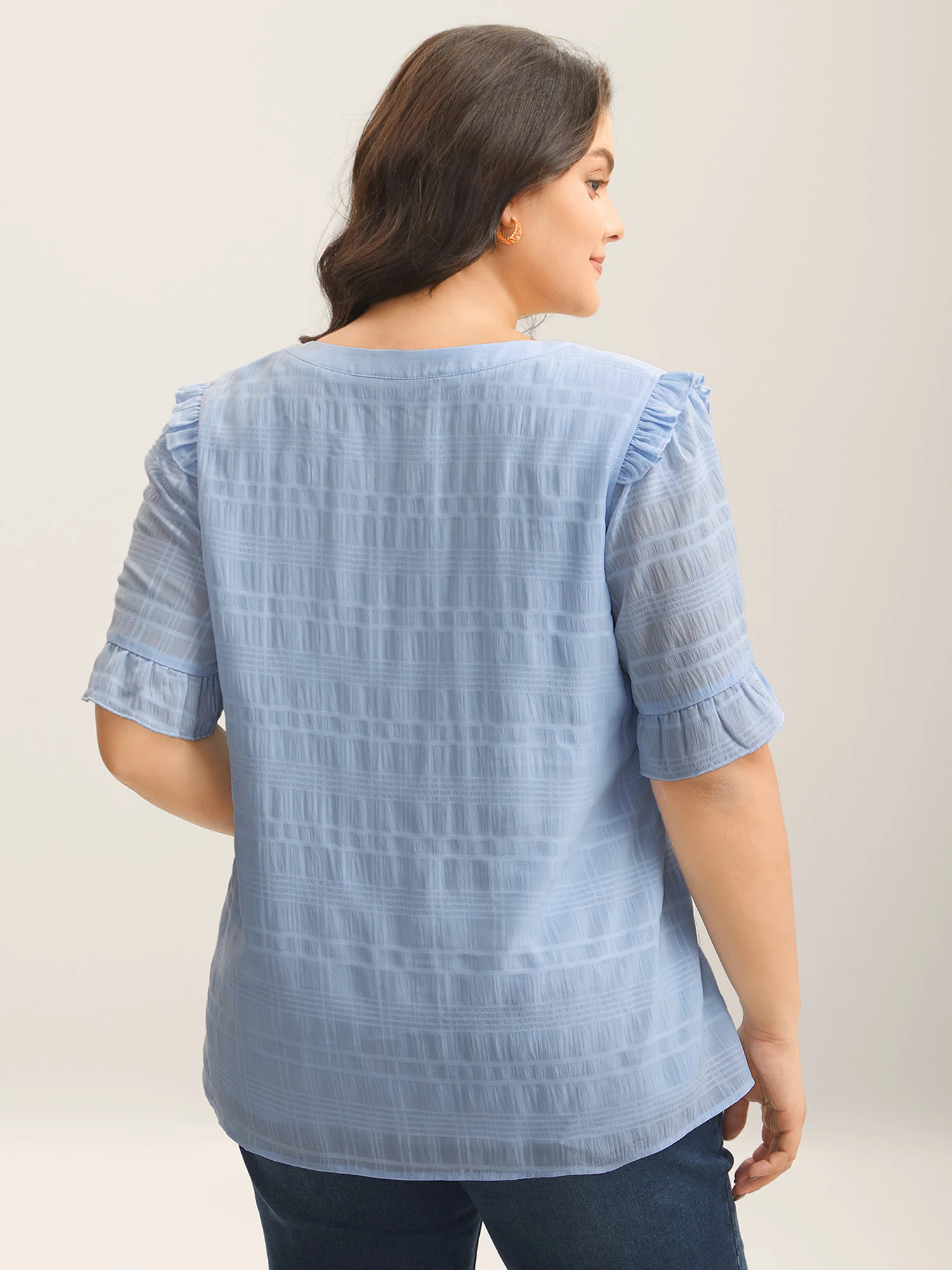 Checked Texture Jacquard Notched Collar Blouse - Image 4