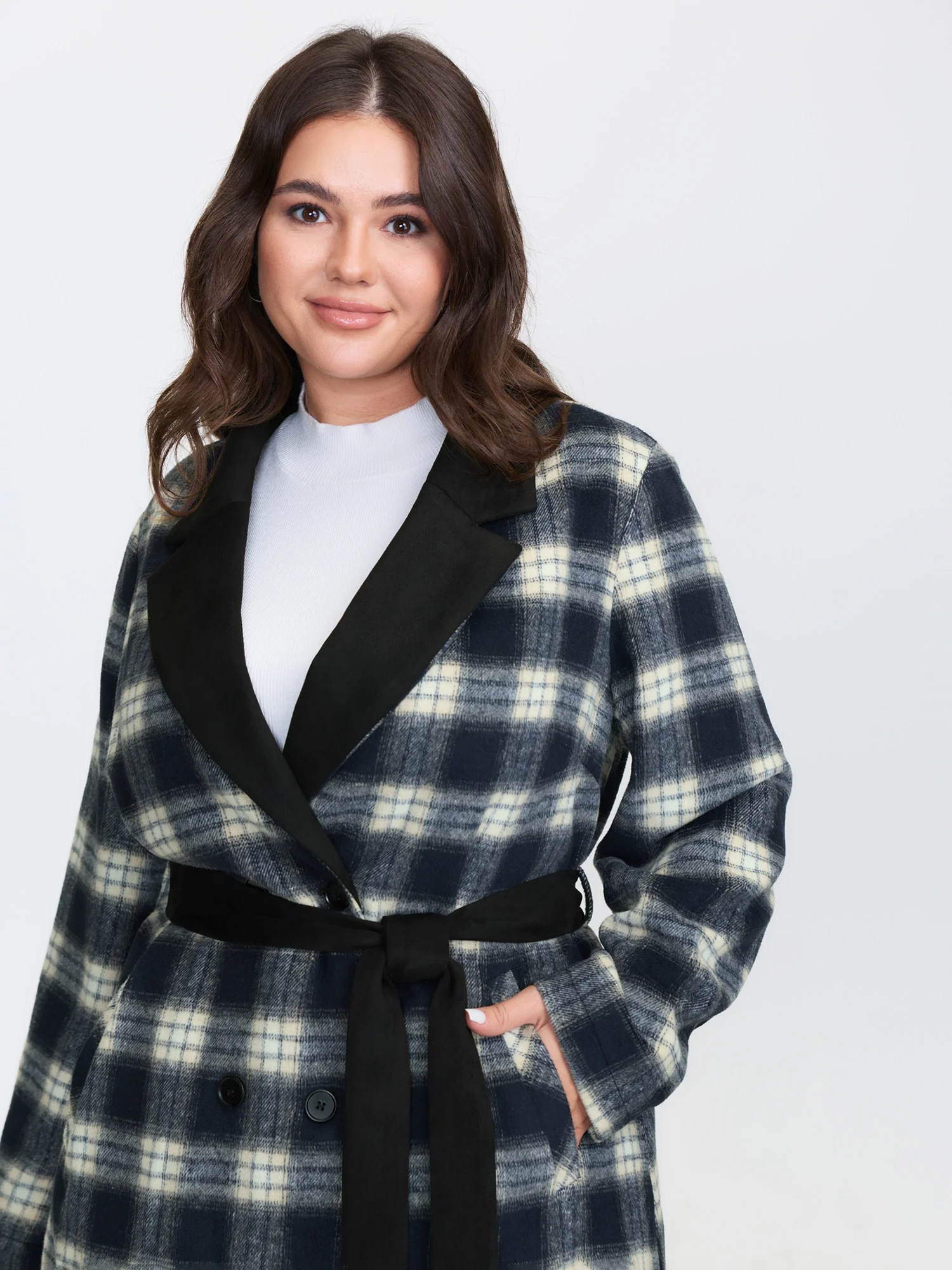 Checkered Belted Color Contrast Coat - Image 2