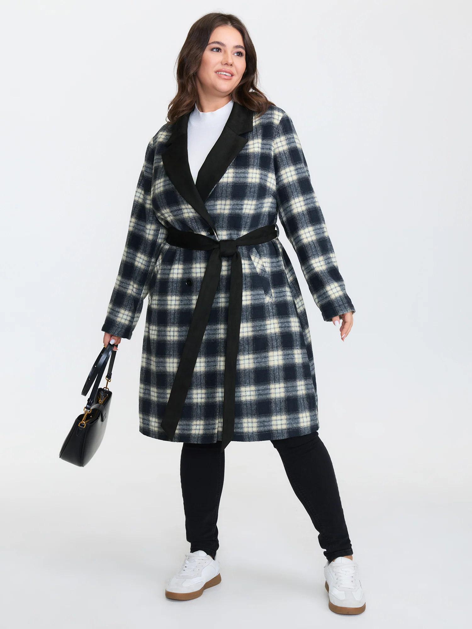 Checkered Belted Color Contrast Coat - Image 3