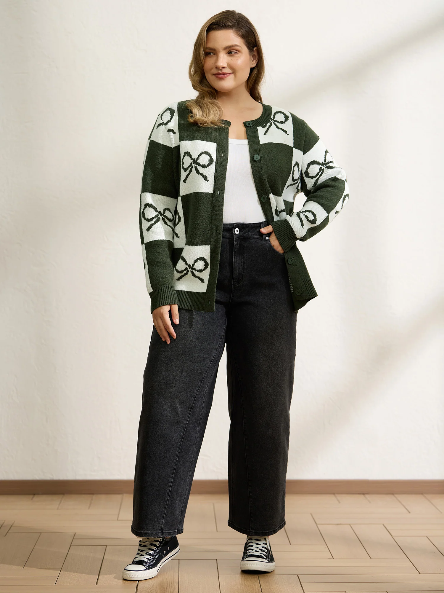 Checkered Bowknot Contrast Knit Cardigan - Image 3