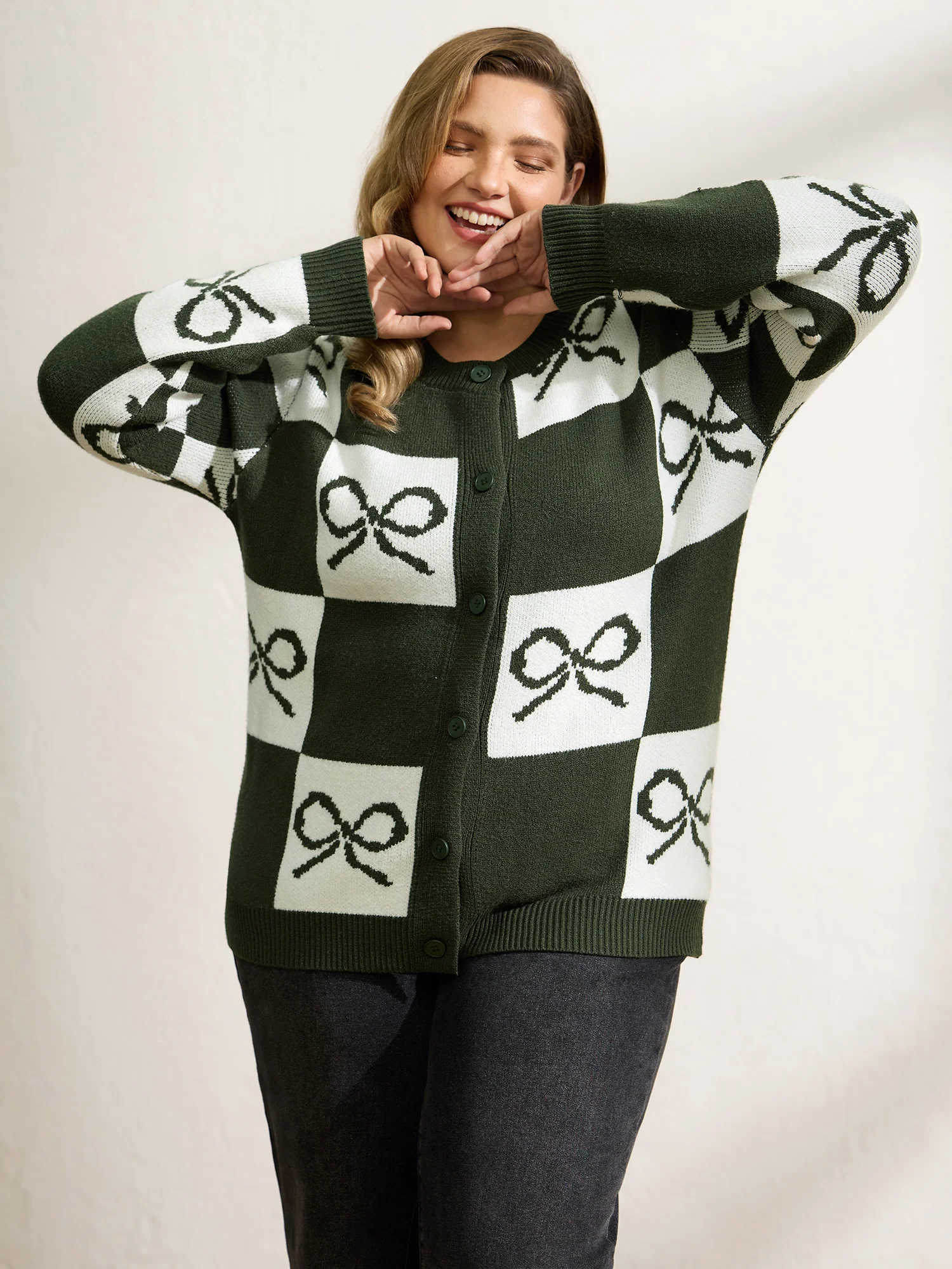 Checkered Bowknot Contrast Knit Cardigan - Image 4