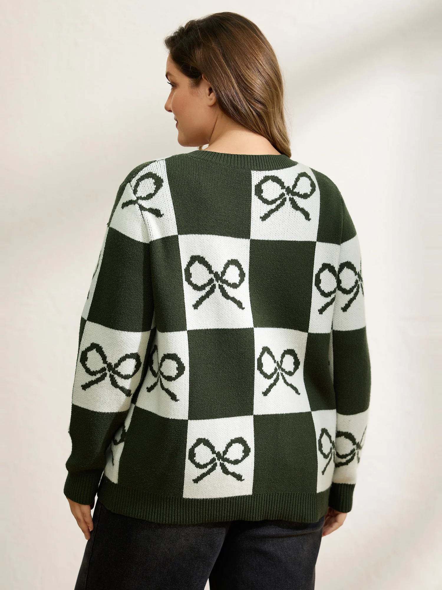 Checkered Bowknot Contrast Knit Cardigan - Image 5