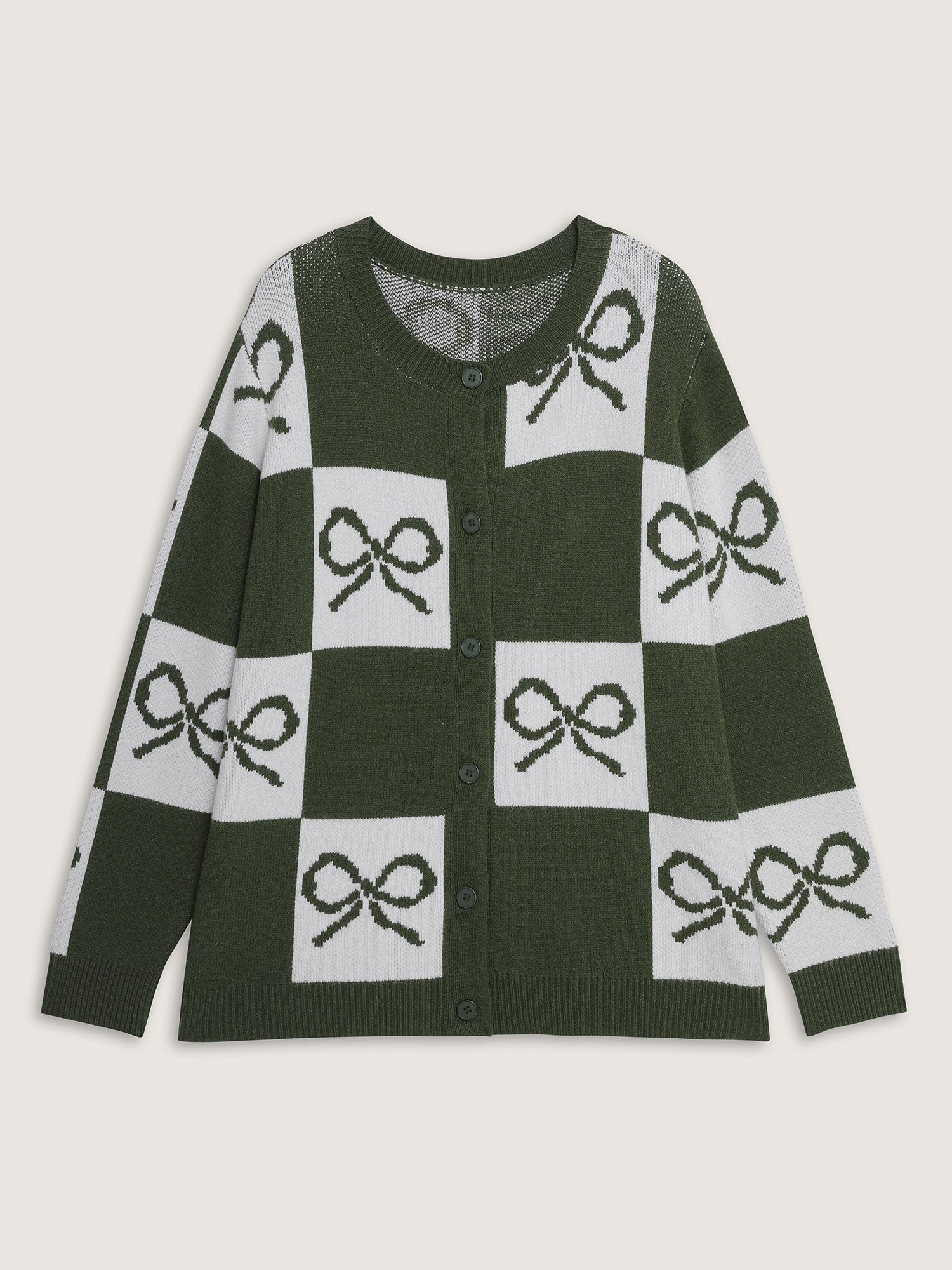 Checkered Bowknot Contrast Knit Cardigan - Image 9