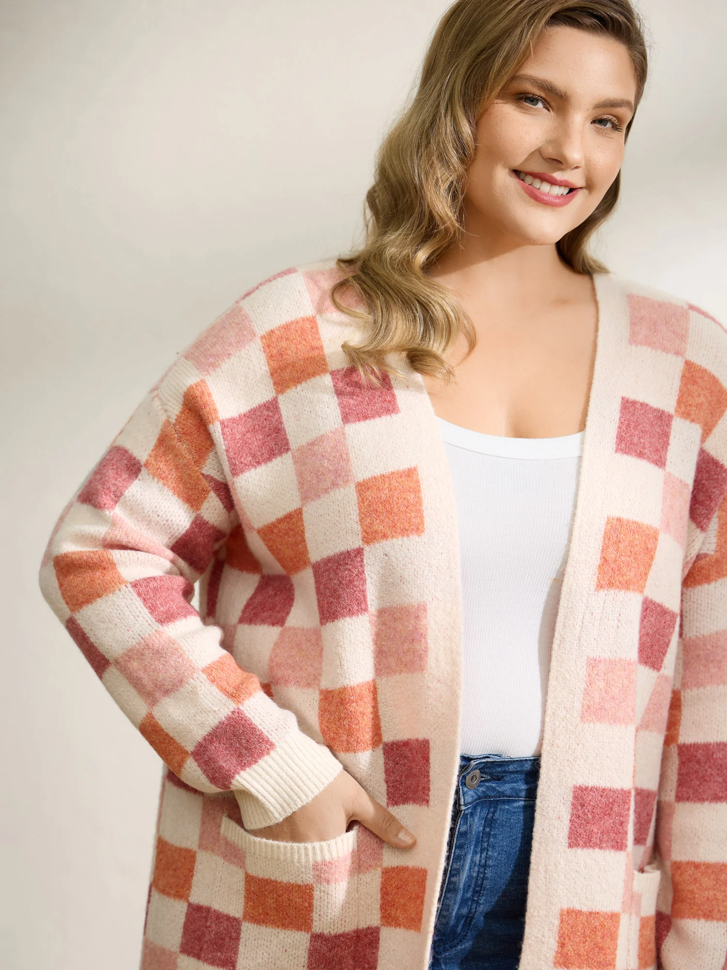 Checkered Color Contrast Open-Front Cardigan - Image 2