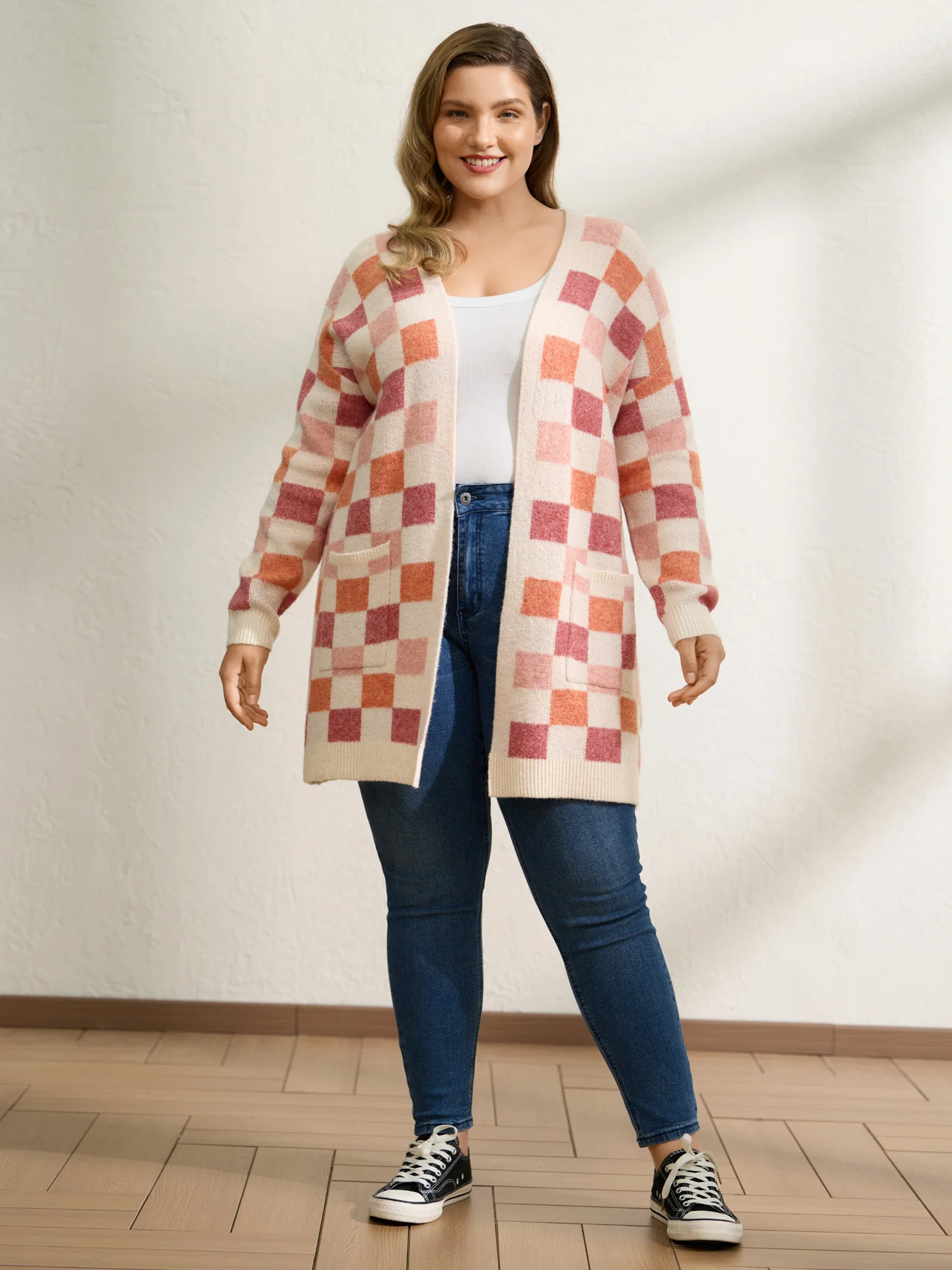 Checkered Color Contrast Open-Front Cardigan - Image 3