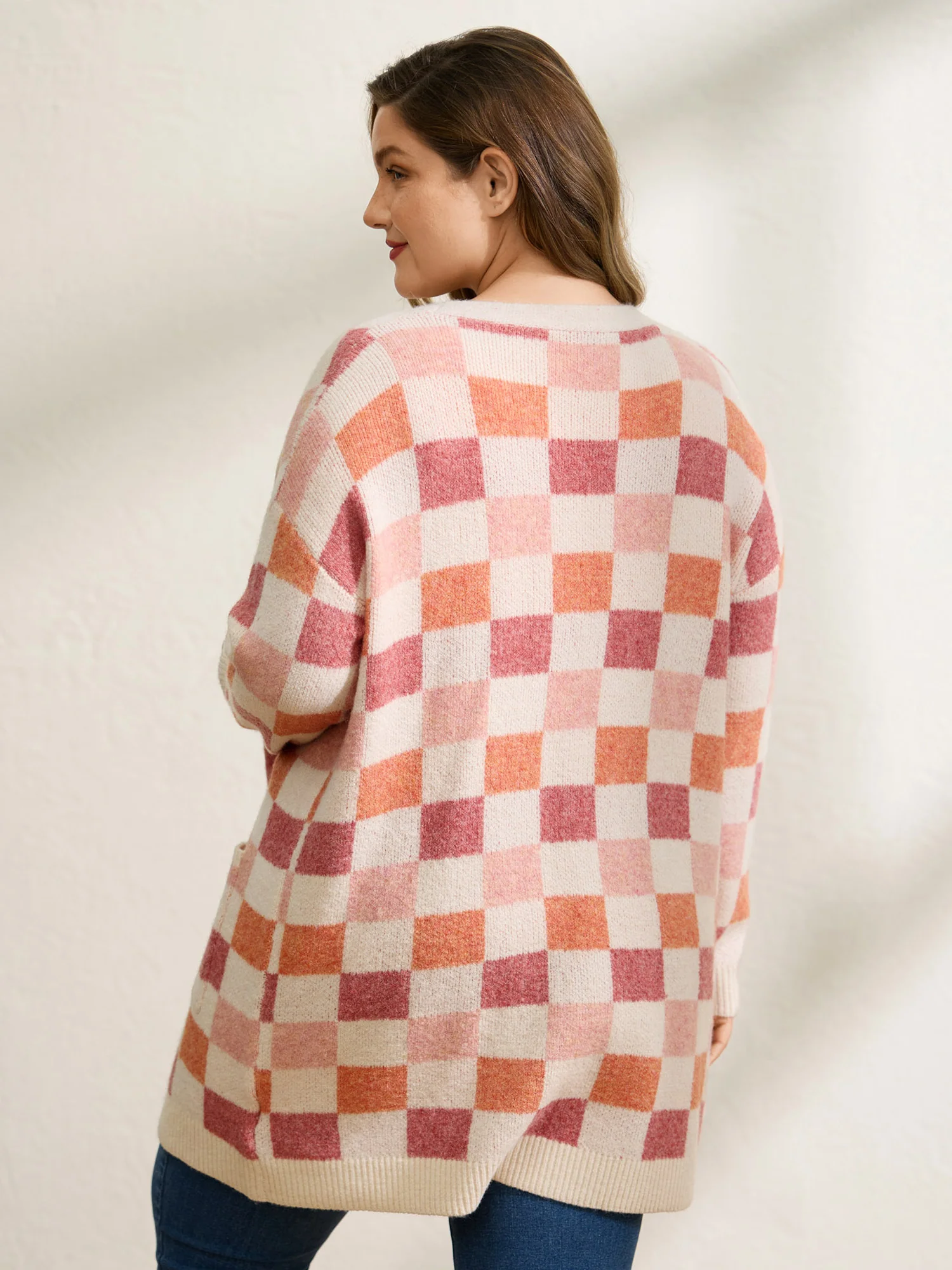 Checkered Color Contrast Open-Front Cardigan - Image 4