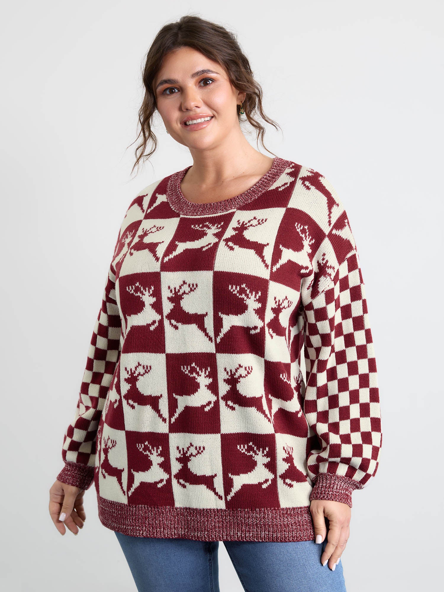 Checkered Colorblock Jacquard Reindeer Pullover - Image 2
