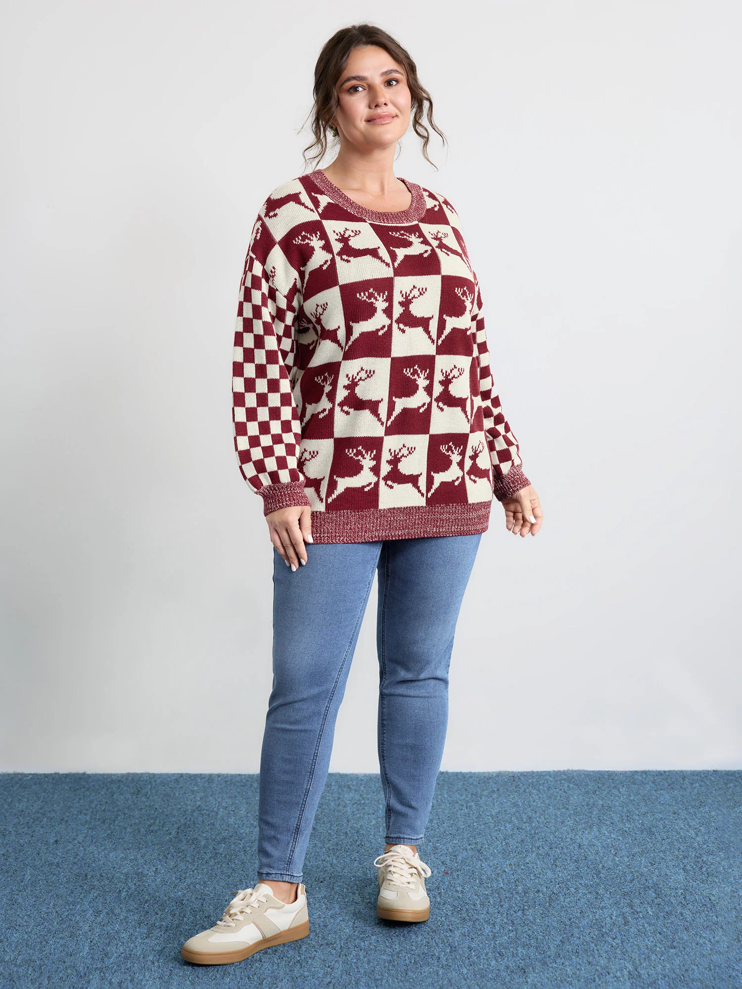Checkered Colorblock Jacquard Reindeer Pullover - Image 3