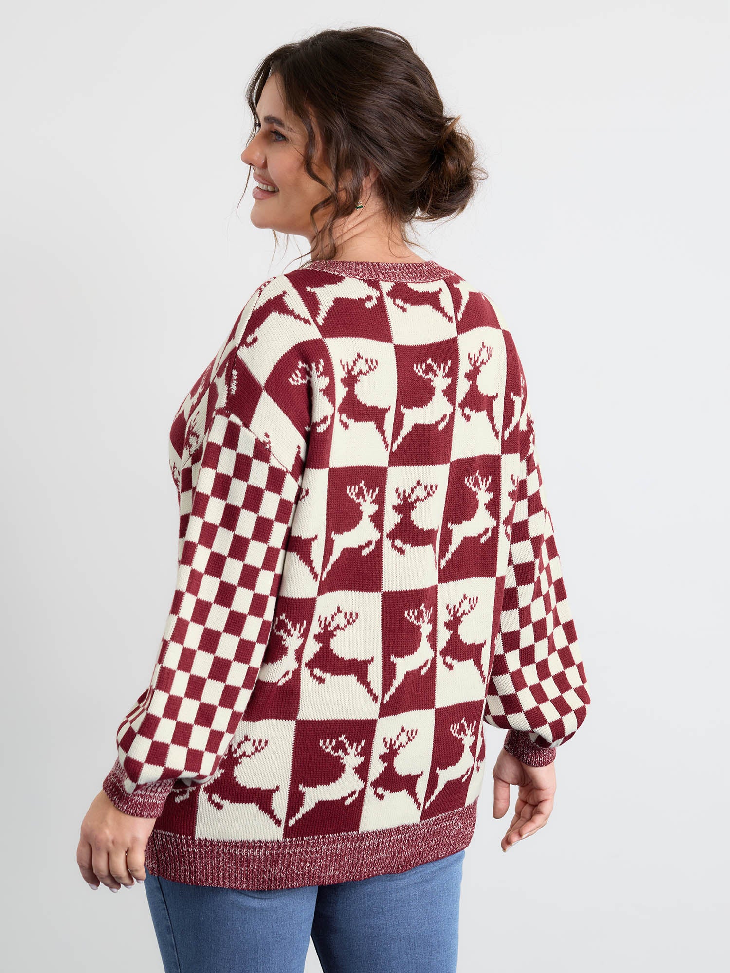 Checkered Colorblock Jacquard Reindeer Pullover - Image 4