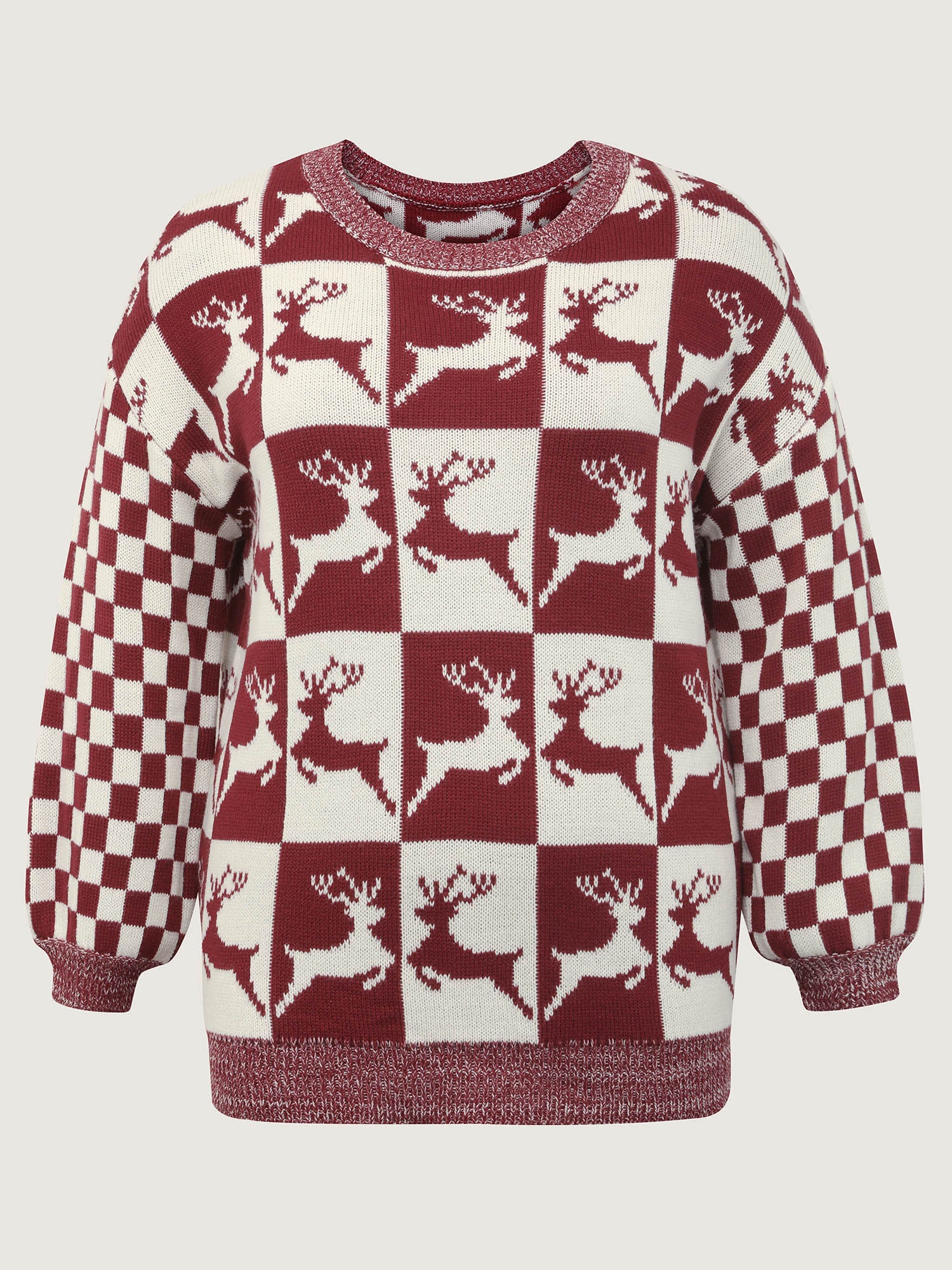 Checkered Colorblock Jacquard Reindeer Pullover - Image 5