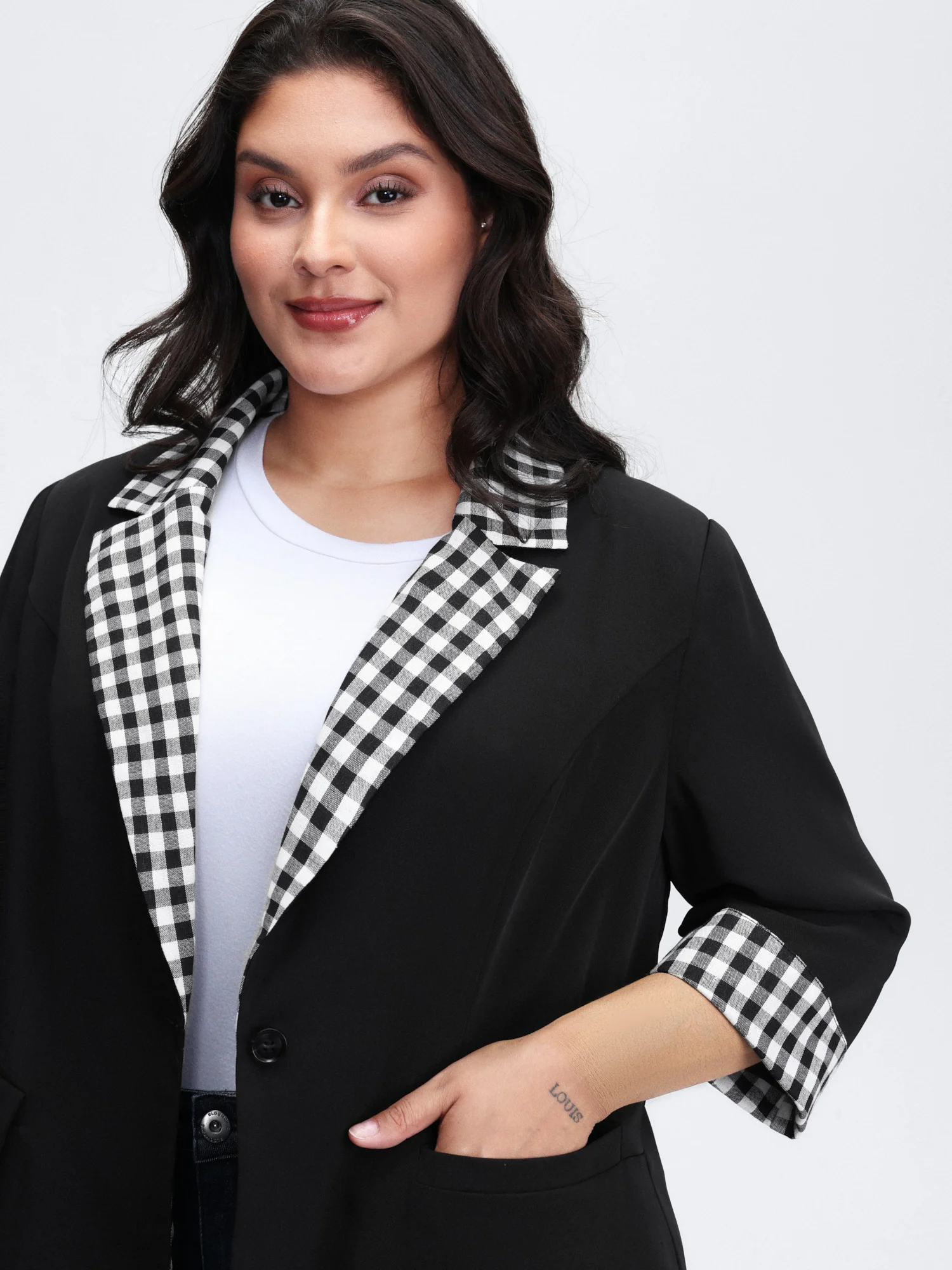 Checkered Contrast Button Blazer - Image 2