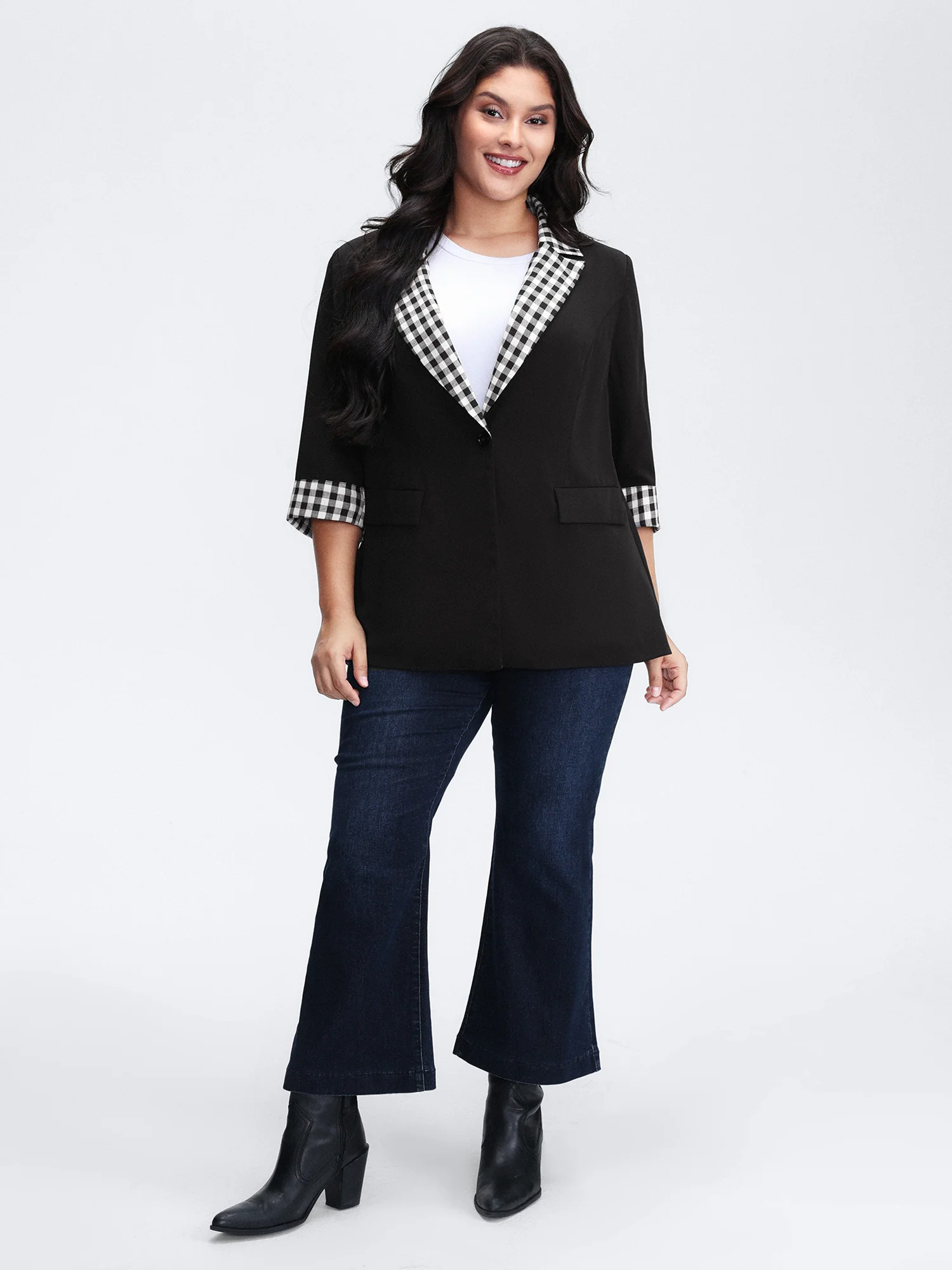 Checkered Contrast Button Blazer - Image 3