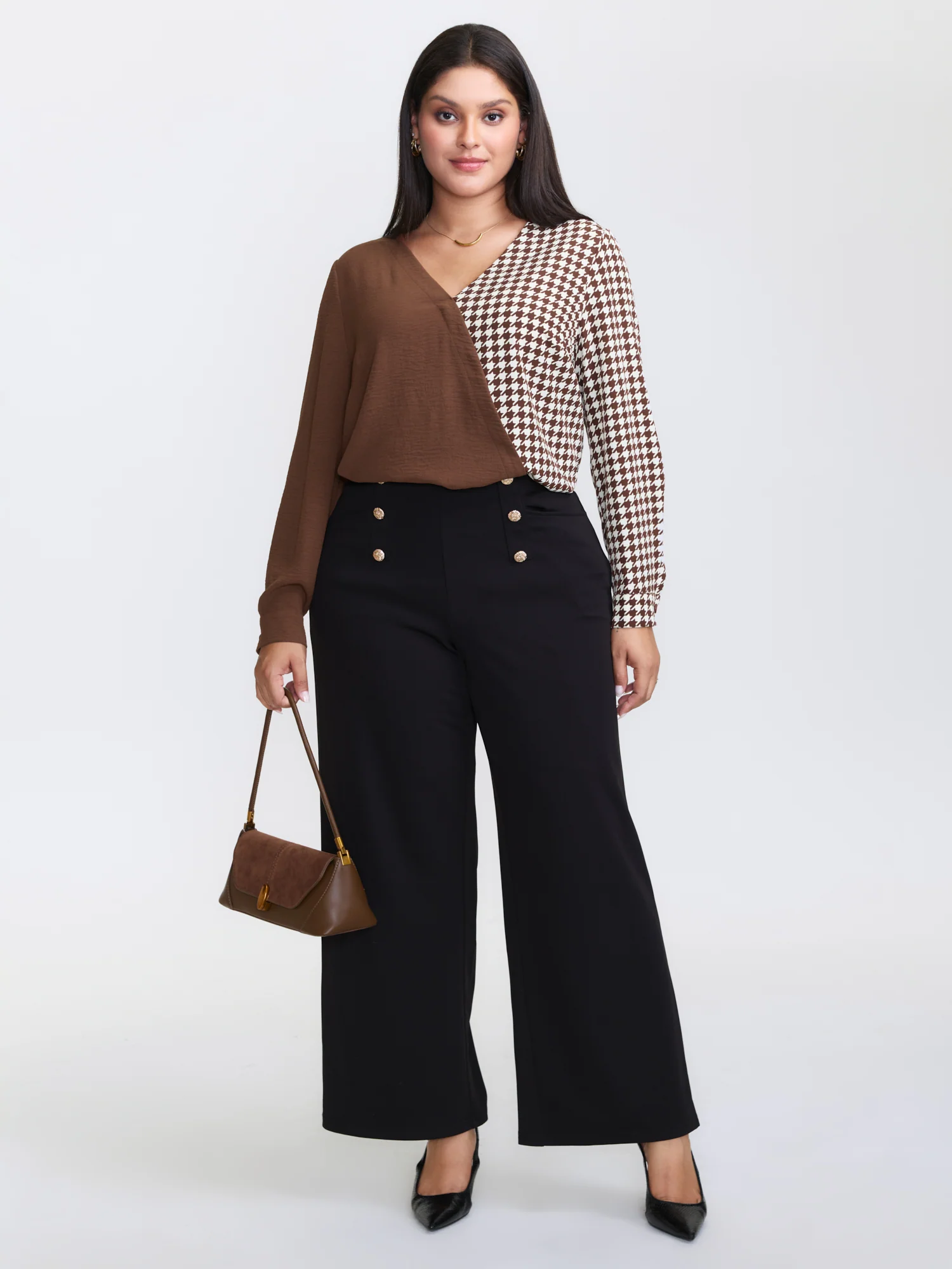 Checkered Contrast Button V-Neck Blouse - Image 3