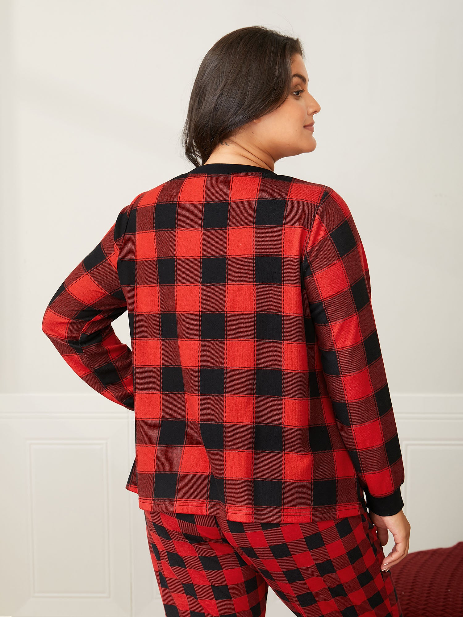 Check Print Notched Collar Neckline Pajama Top - Image 2