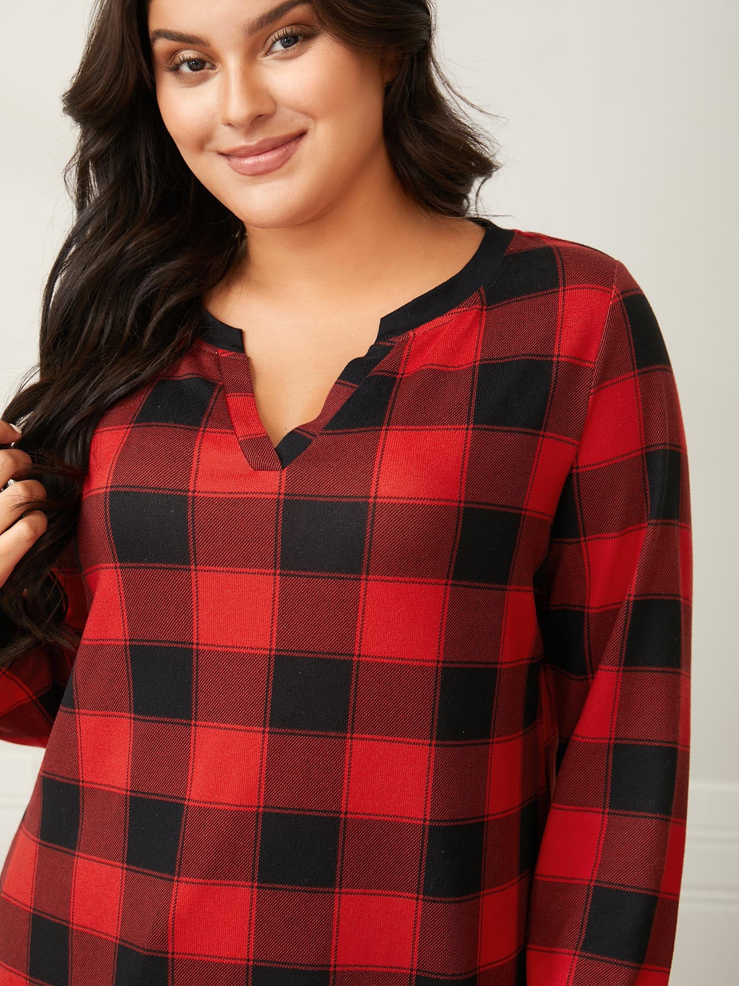 Check Print Notched Collar Neckline Pajama Top - Image 3