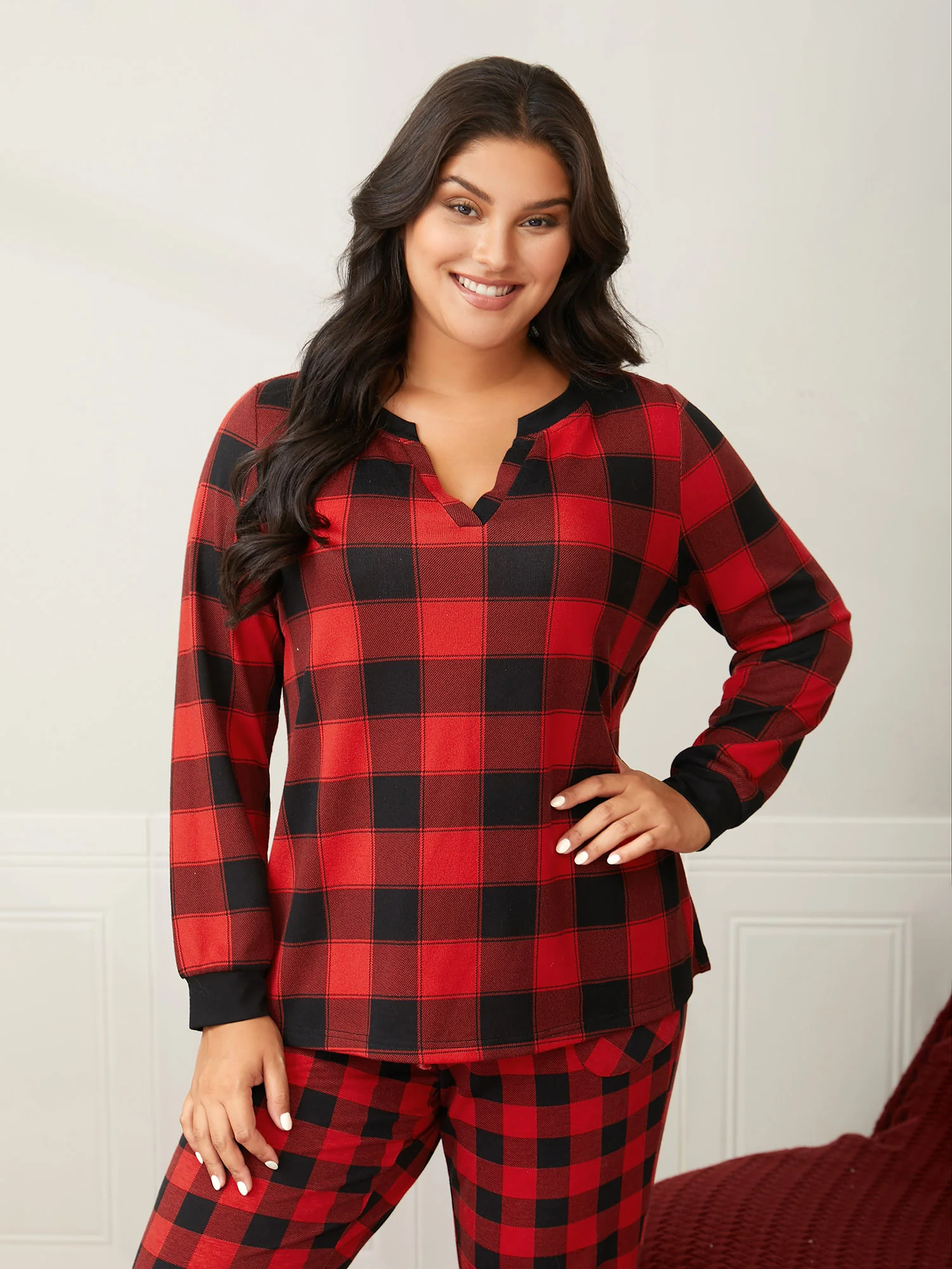 Check Print Notched Collar Neckline Pajama Top - Image 4