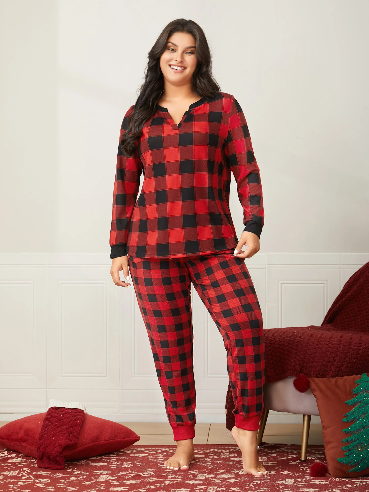 Check Print Notched Collar Neckline Pajama Top - Image 5