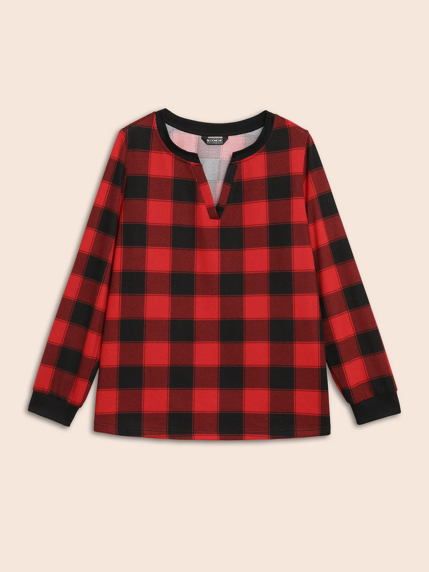 Check Print Notched Collar Neckline Pajama Top - Image 8