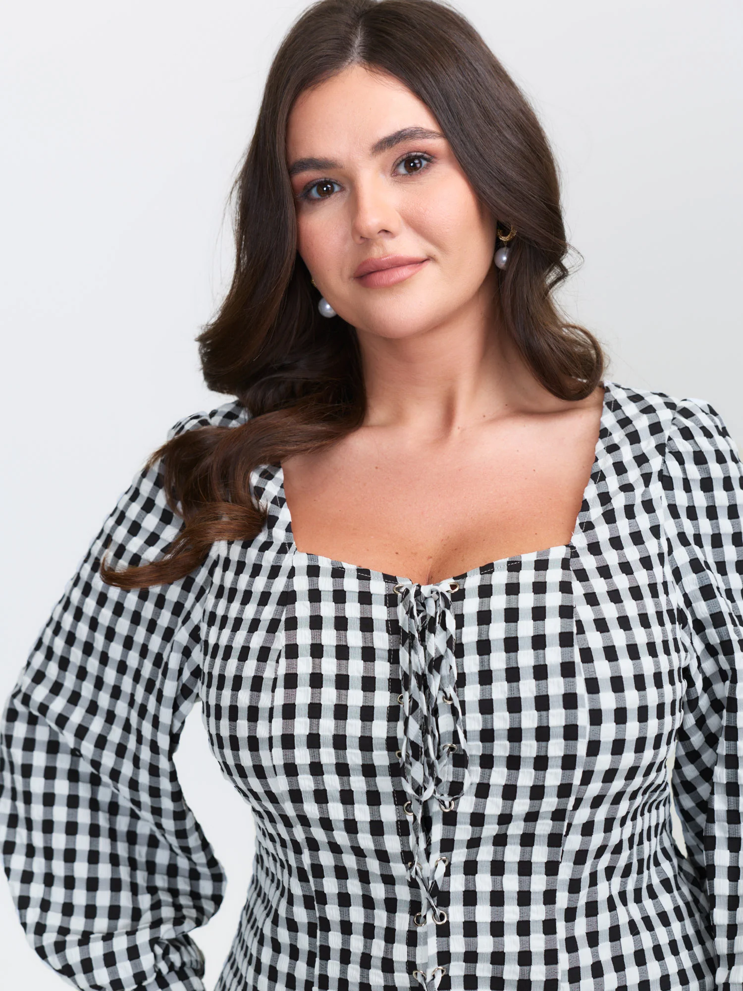 Checkered Crossover Tie Square Neck Blouse - Image 2