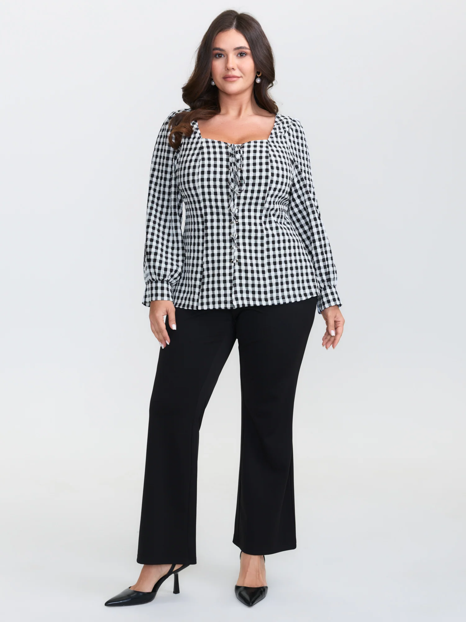 Checkered Crossover Tie Square Neck Blouse - Image 3
