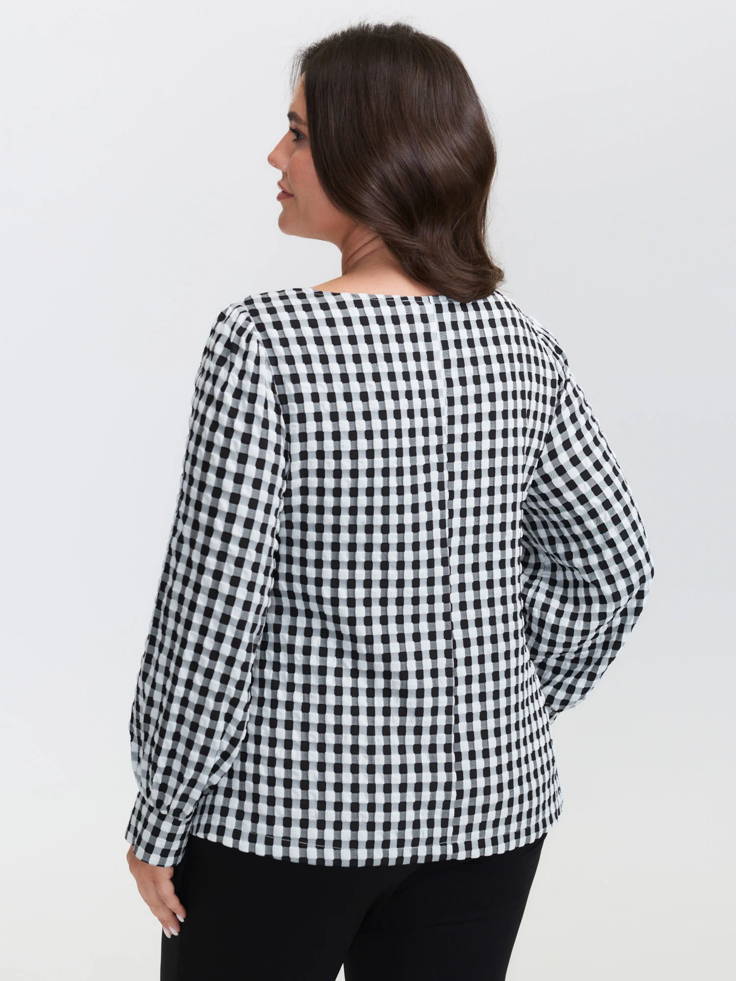 Checkered Crossover Tie Square Neck Blouse - Image 4