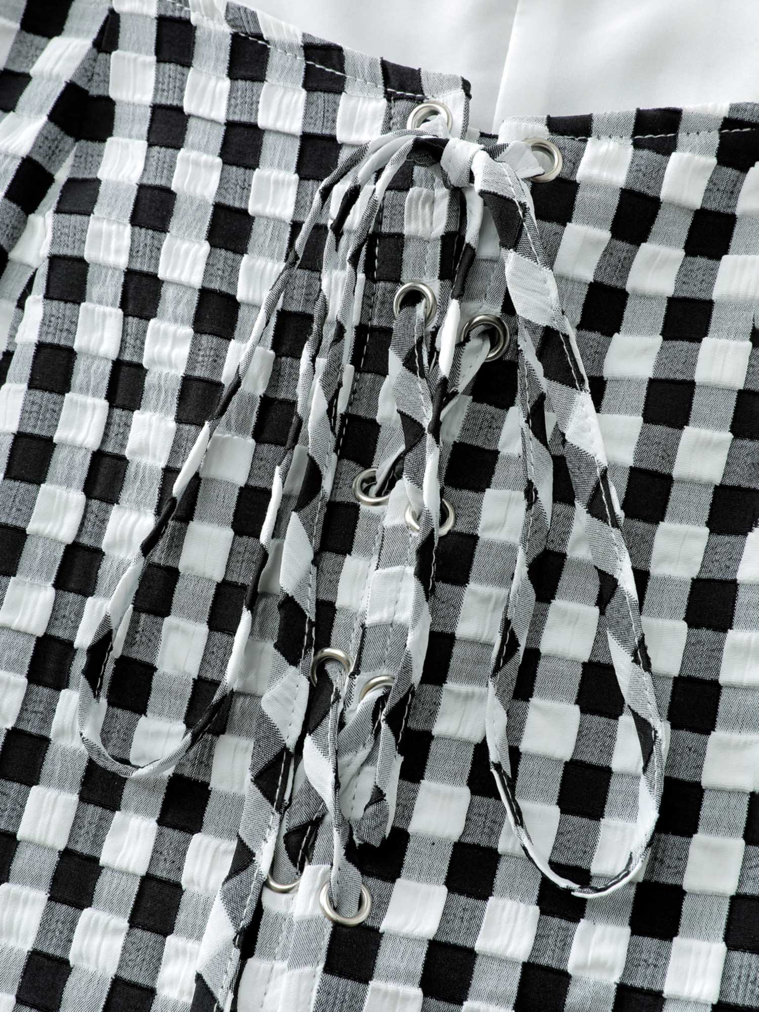 Checkered Crossover Tie Square Neck Blouse - Image 6